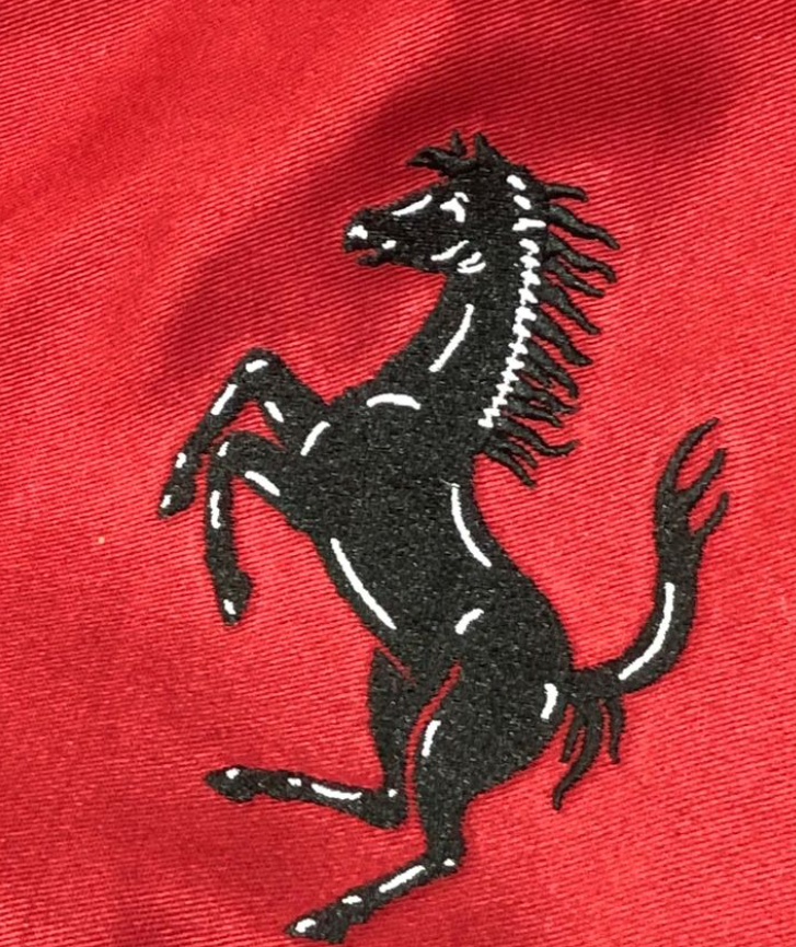 Black rearing horse embroidered on red fabric