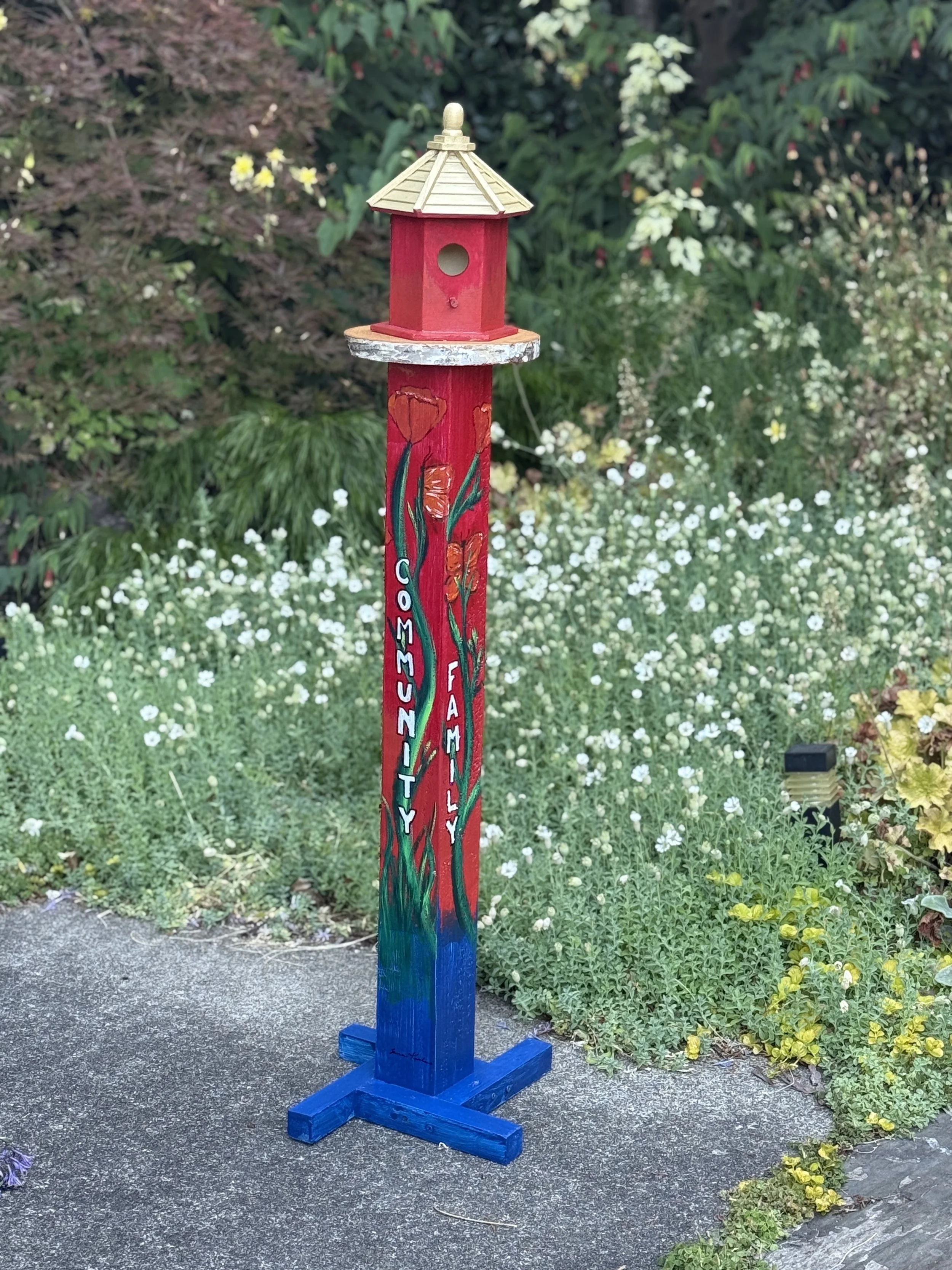 4' Garden Totem Birdhouse : "Community, Family, ARTs, Joy"