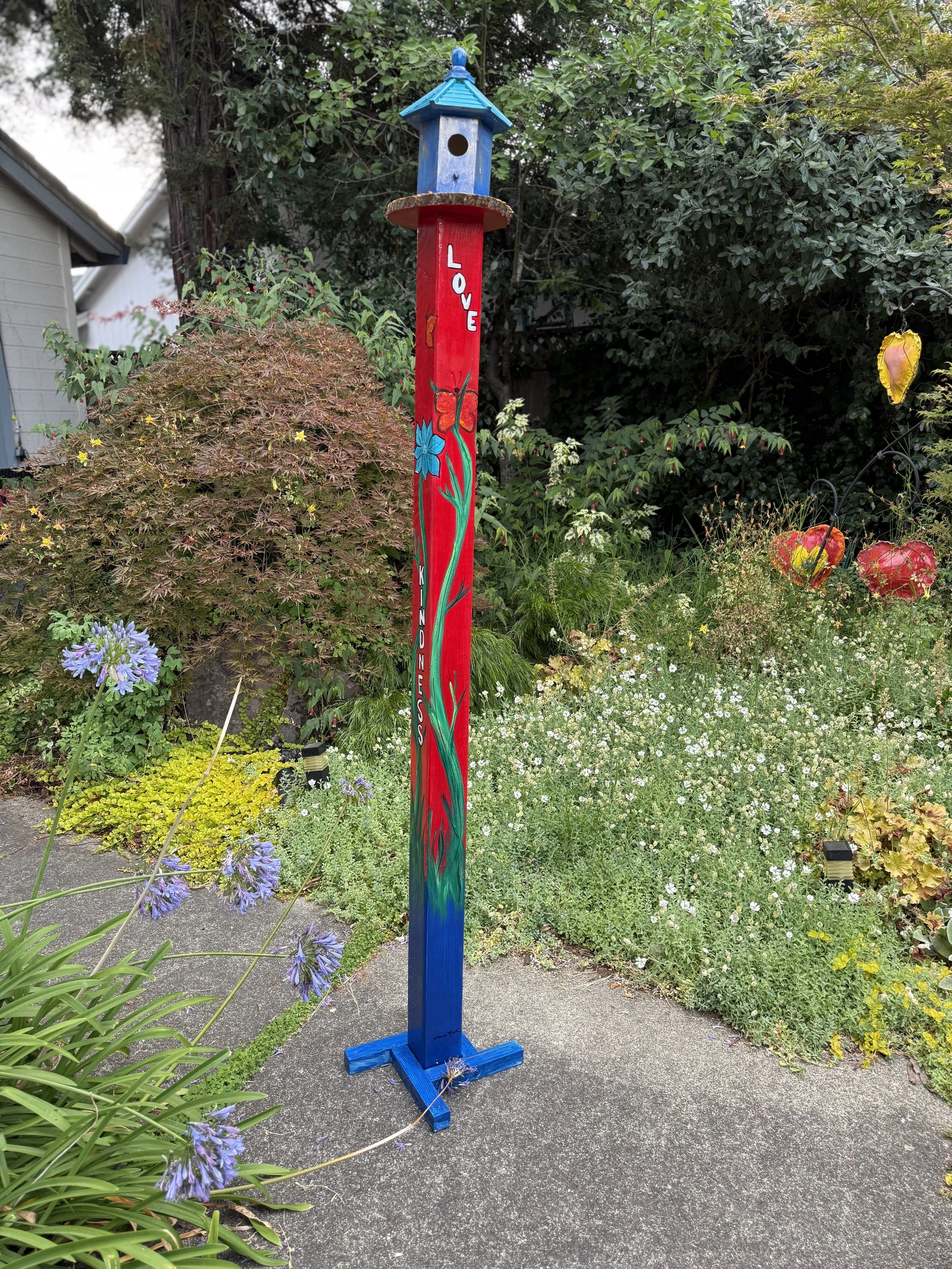 6.5' Garden Totem Birdhouse : "Kindness, Peace, Love, Friendship"
