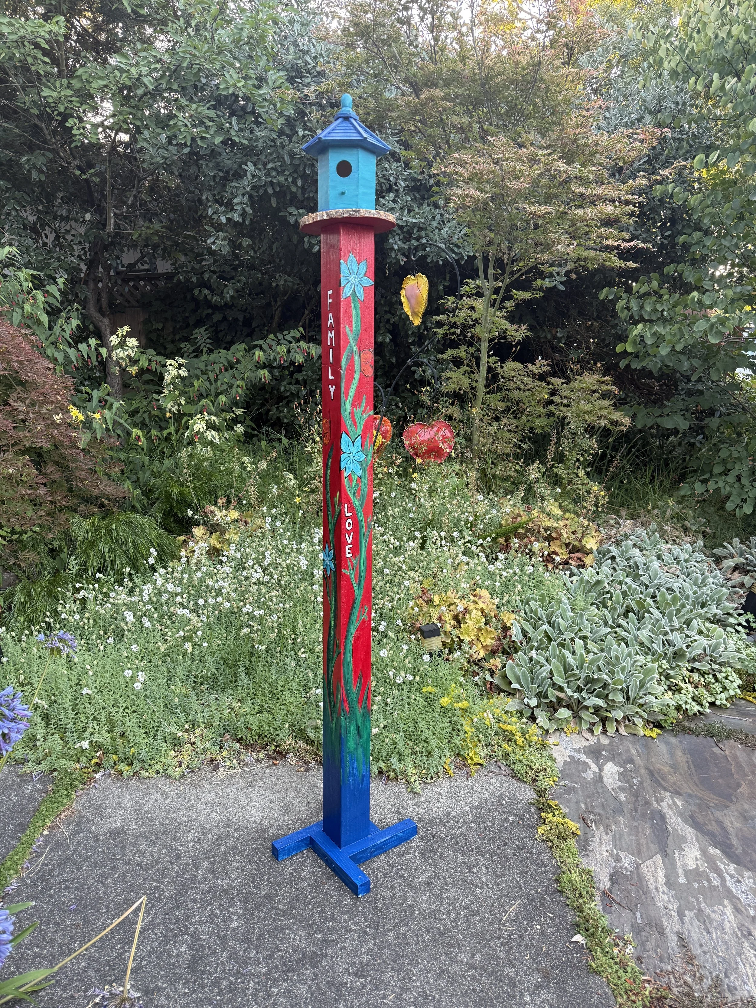 6' Garden Totem Birdhouse; "Family, Love, Creativity, Nature"