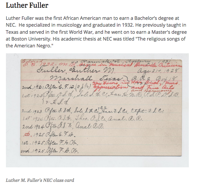 Brother Reverend Luther M. Fuller graduated from the New England Conservatory (NEC) in 1932. He specialized in musicology. He was the first African American to earn a bachelor’s degree from the NEC as was a winner of the NEC Endicott Award for Composition with piano accompaniment. [READ MORE]