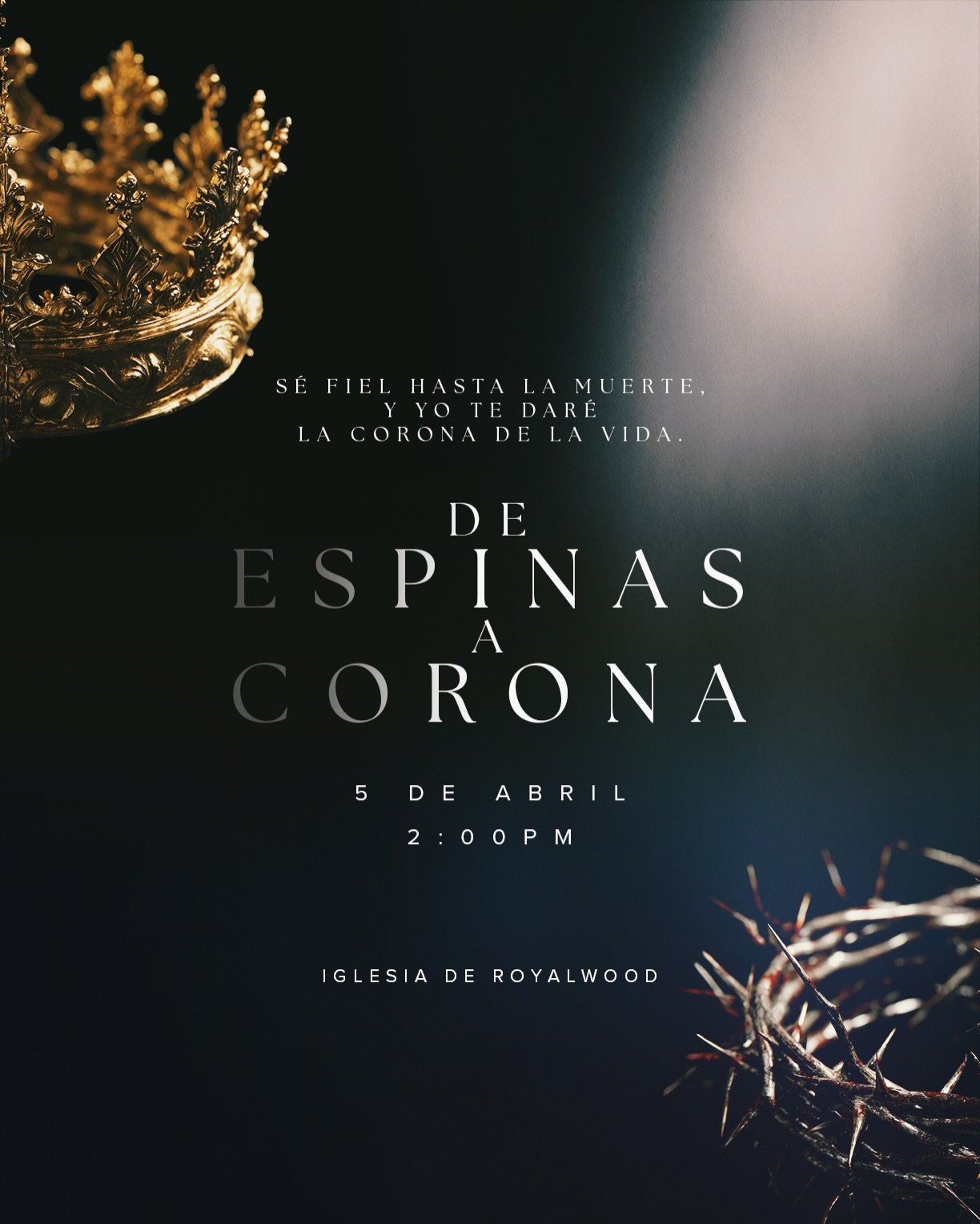 Ma&ntilde;ana domingo 5 de abril a las 2:00 p.m. tendremos un servicio especial: &ldquo;De Espinas a Corona&rdquo; 

Tendremos una presentaci&oacute;n especial y tambi&eacute;n el coro de la iglesia estar&aacute; cantando. 

&iexcl;Les esperamos con 