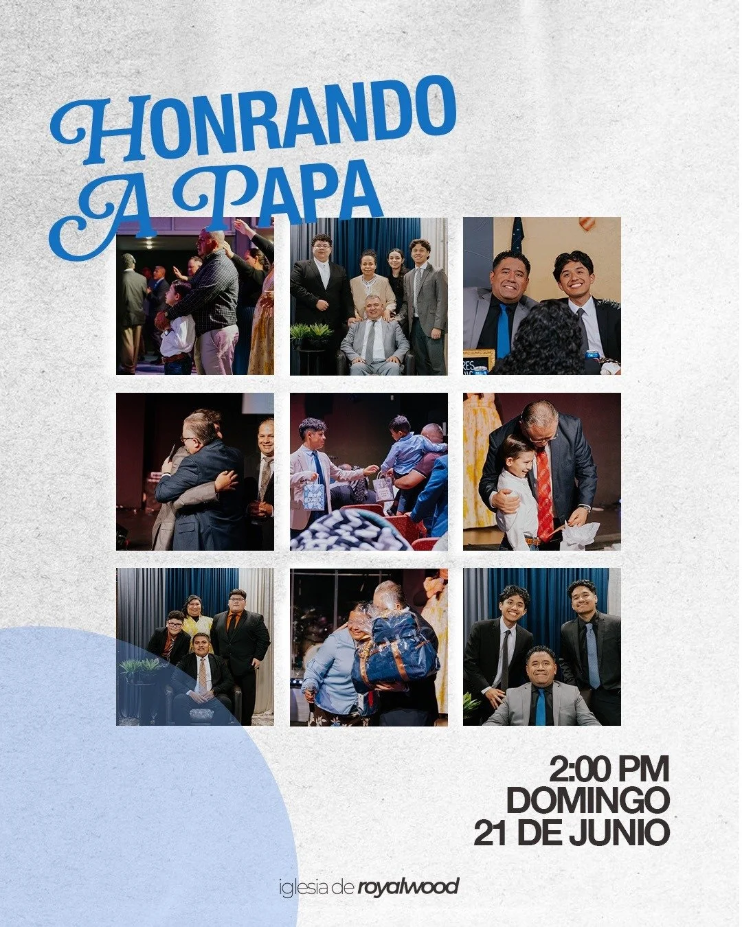Este Domingo 21 de Junio a las 2:00 p.m. Estaremos honrando a todos los pap&aacute;s. Tendremos un programa especial con regalos, comida y una buena confraternidad. 
Les esperamos con toda su familia a celebrar al Padre de los padres.