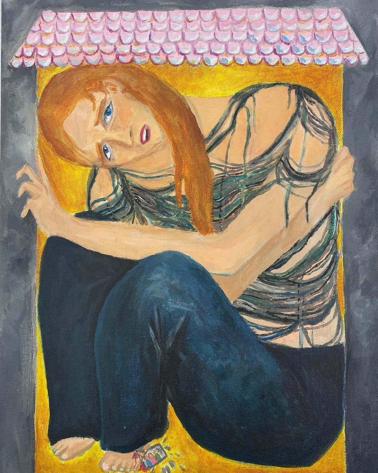 This is my latest piece made using acrylic and a little bit of colored pencil. I made sure to use colors that don&rsquo;t go together like yellow and gray, to the make the viewer feel a sense of discomfort and tension. The straight on perspective is 