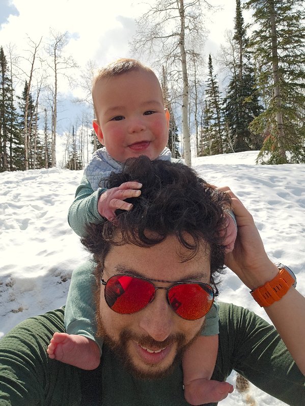 After a fun ski tour, Steamboat Springs. 8 months old.