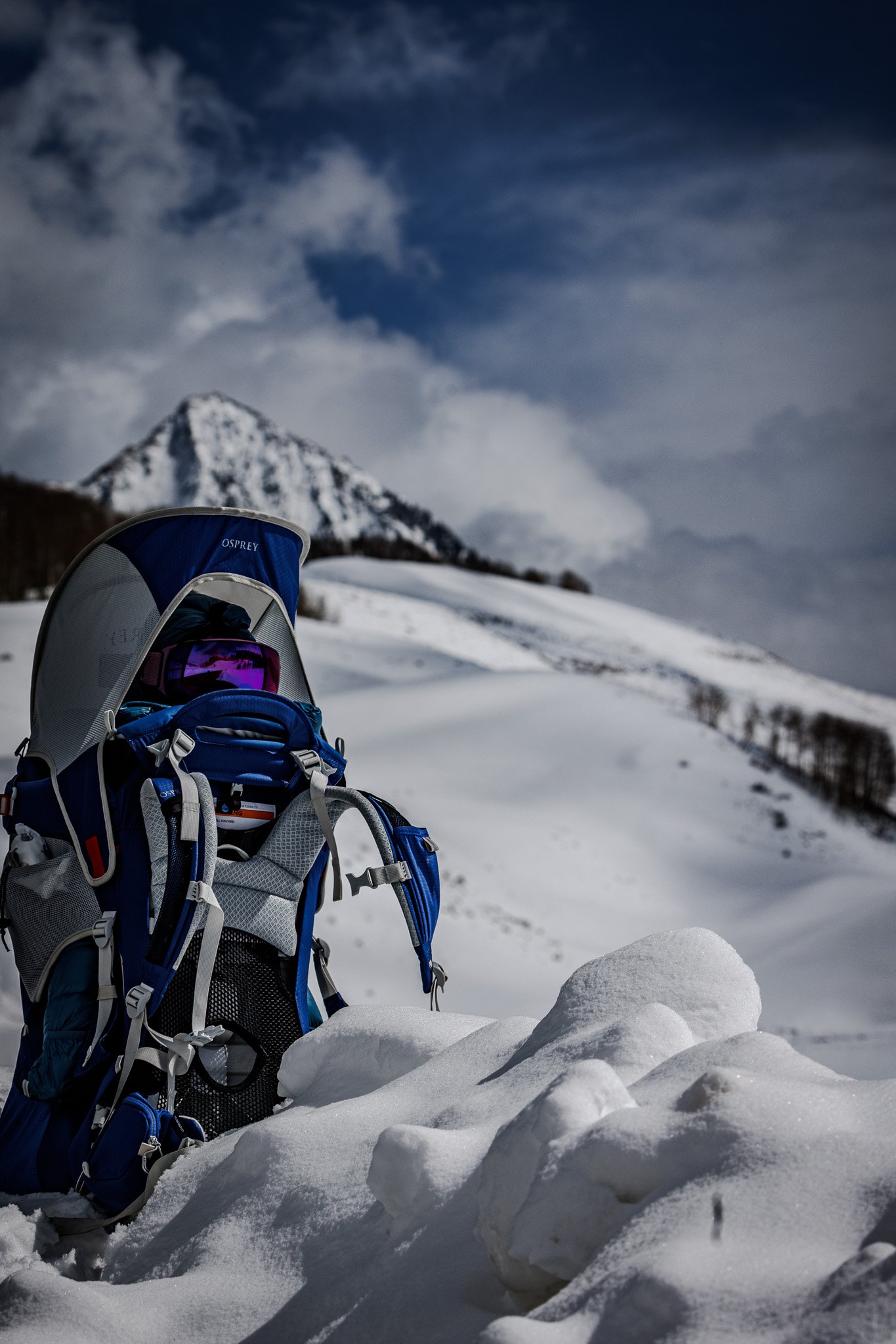 Ski tour with mom's goggles on, Crested Butte. 8 month old.