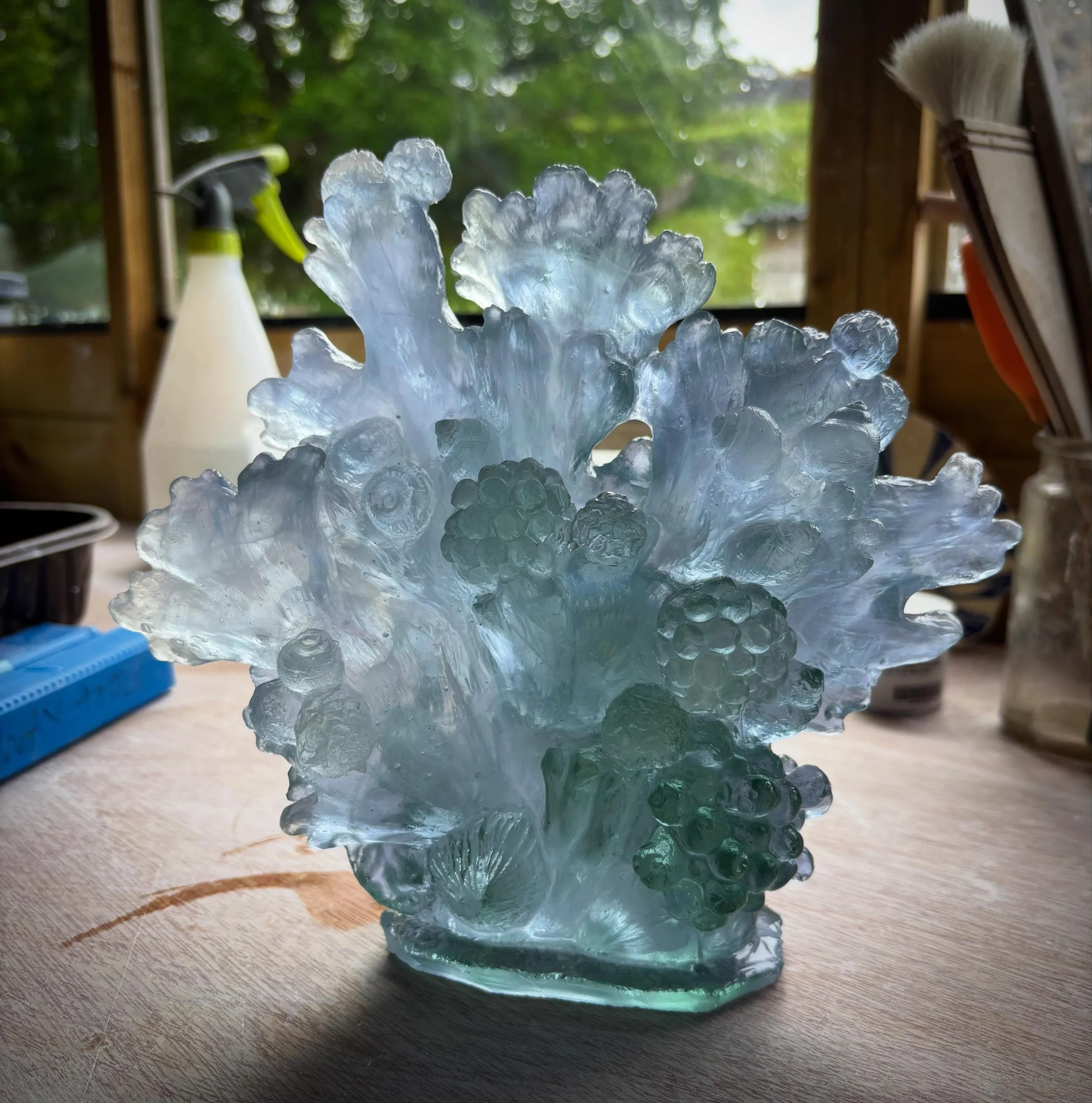 Yah! It worked- still to be finished but soo happy she&rsquo;s ok- fresh from the kiln this morning for my solo exhibition @ruthincrafts 🪸
#castglass #glasssculpture #coral #soloexhibition #welshsrtist