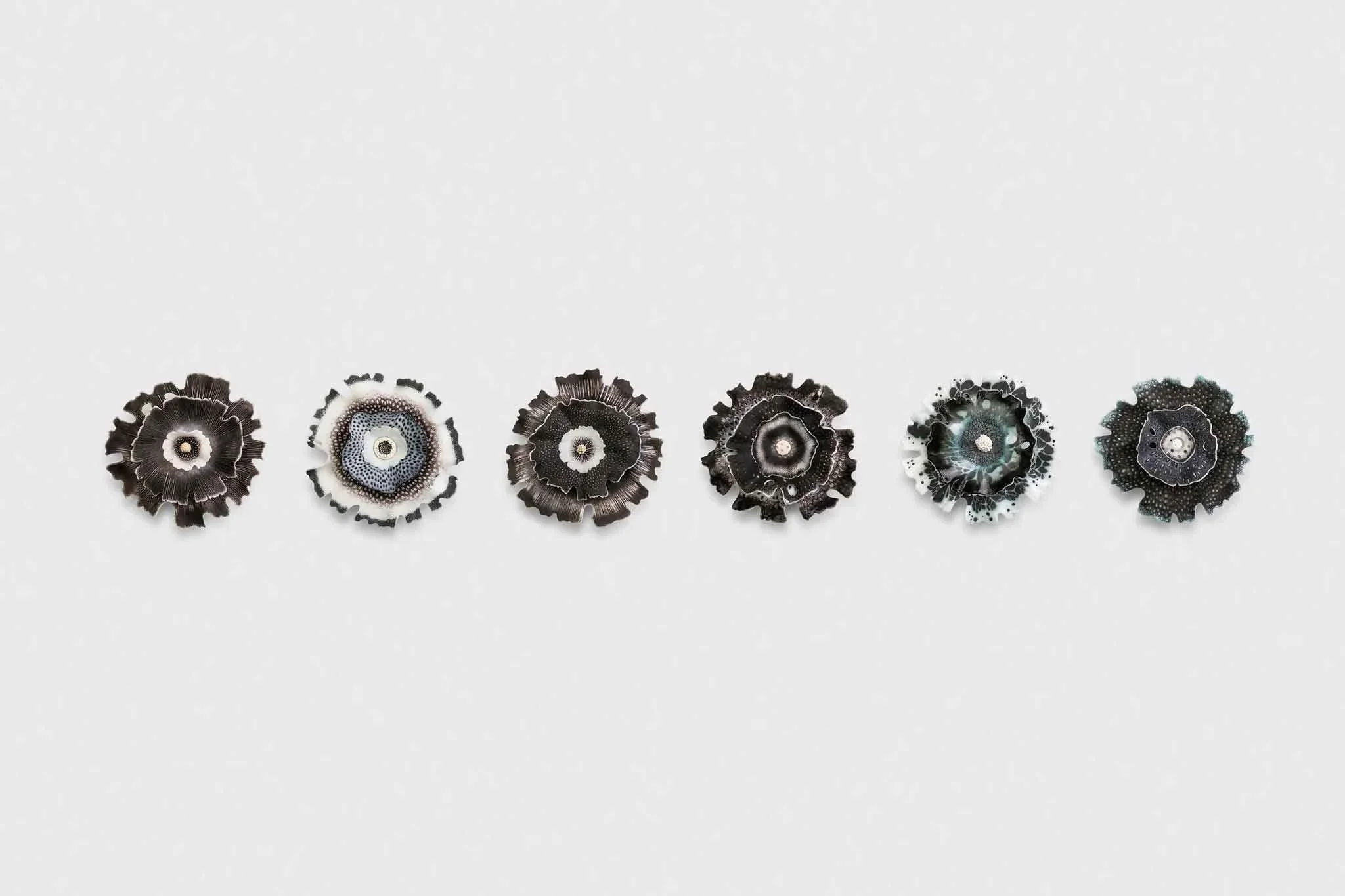 Glimmers Flowers, Pate de Verre Glass, 20cm dia each