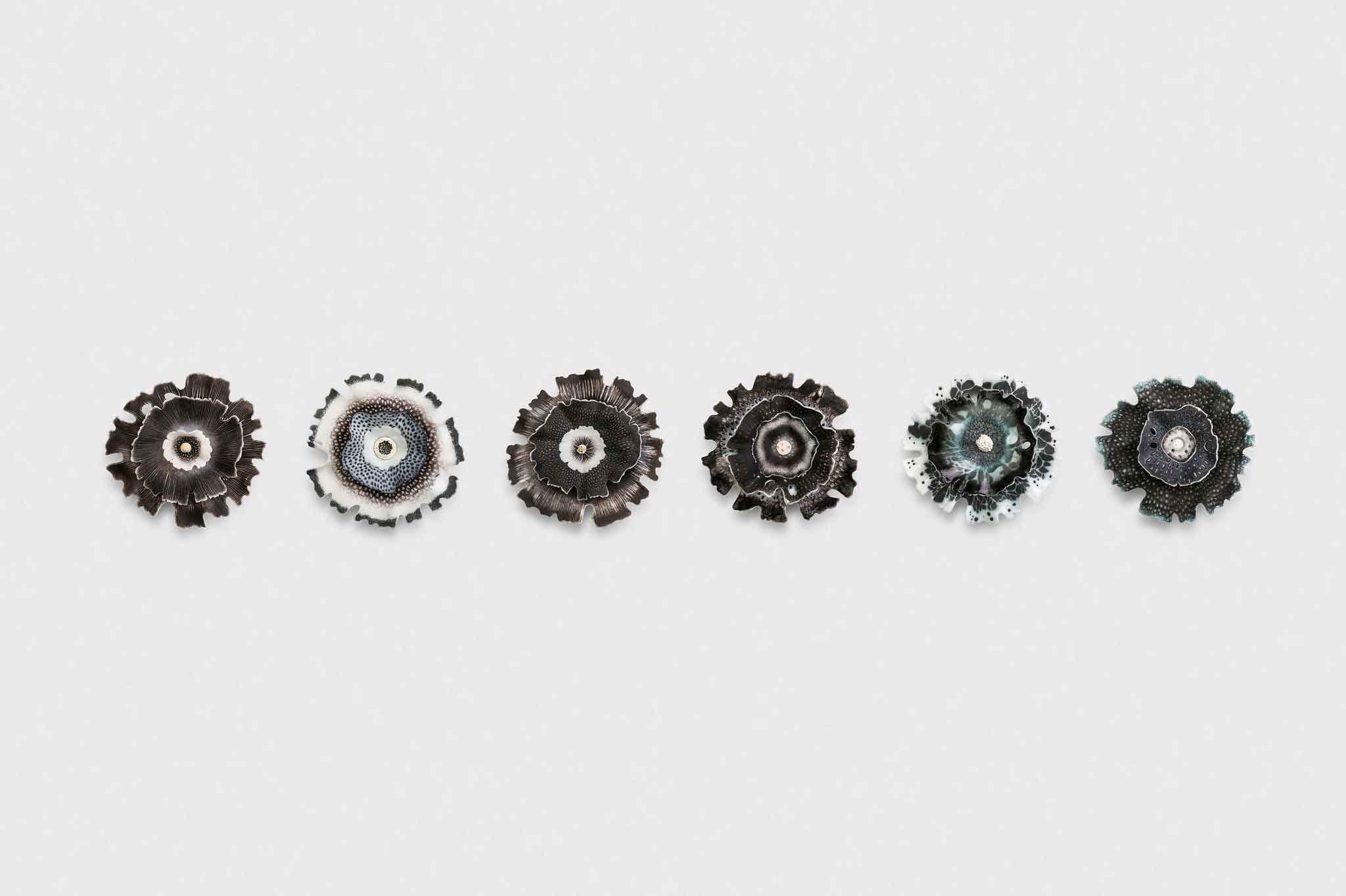Glimmers Flowers, Pate de Verre Glass, 20cm dia each