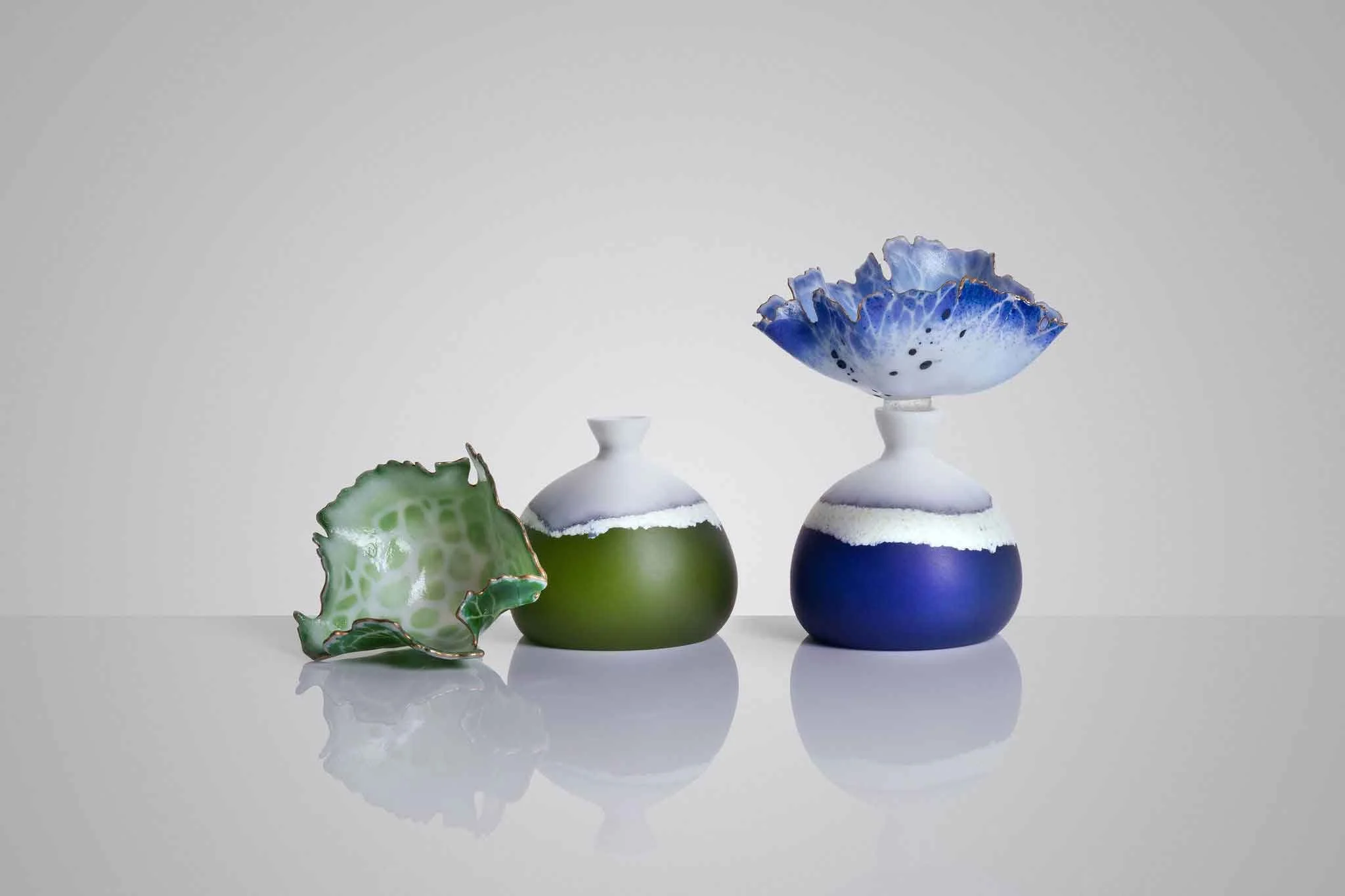 Mutualism Bottles in Blue and Green, Cast Glass and Pate de Verre Glass Stoppers