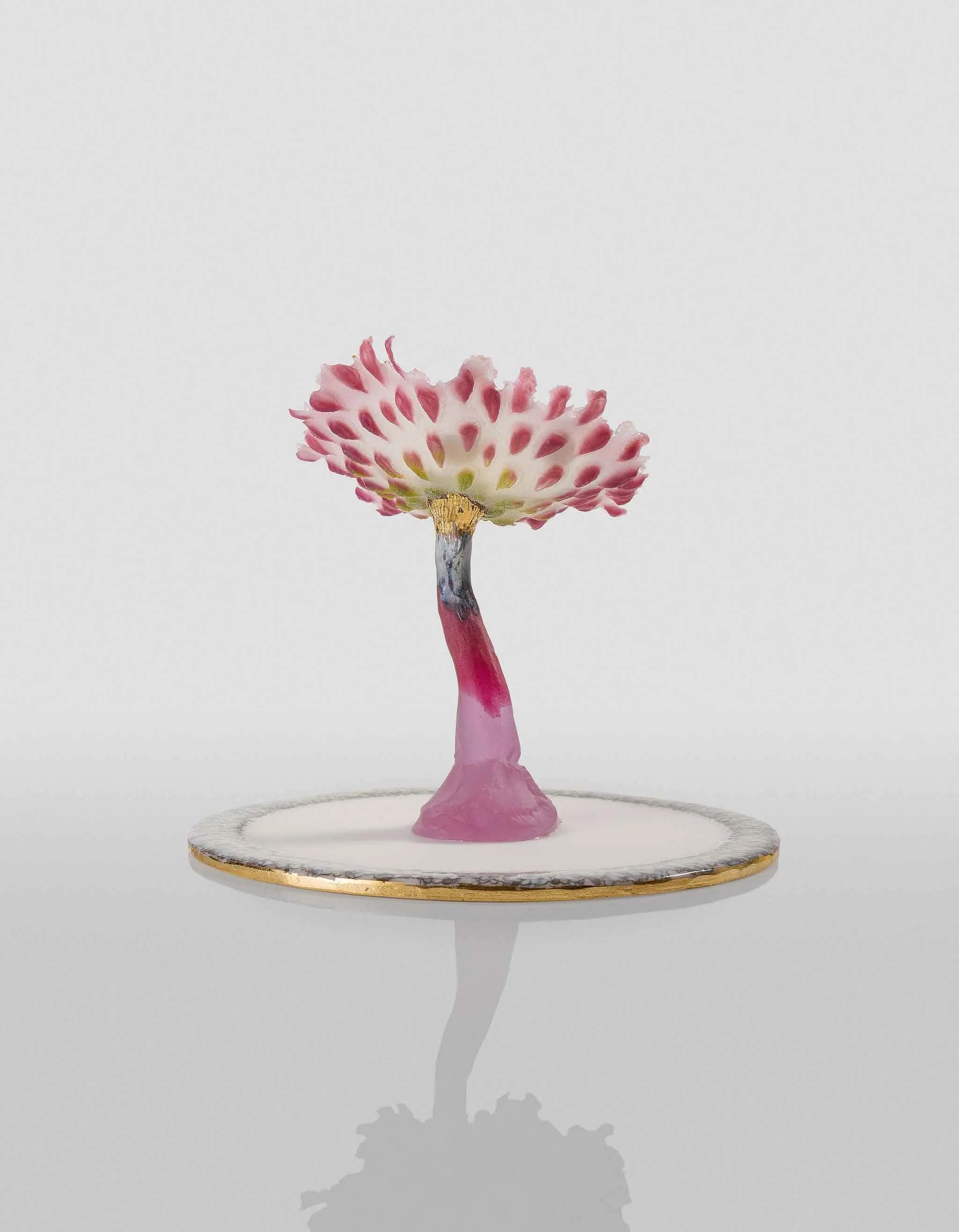 Pink Mushroom, Cast Glass and Pate de Verre Glass, Sea Urchin Shell and Gilding