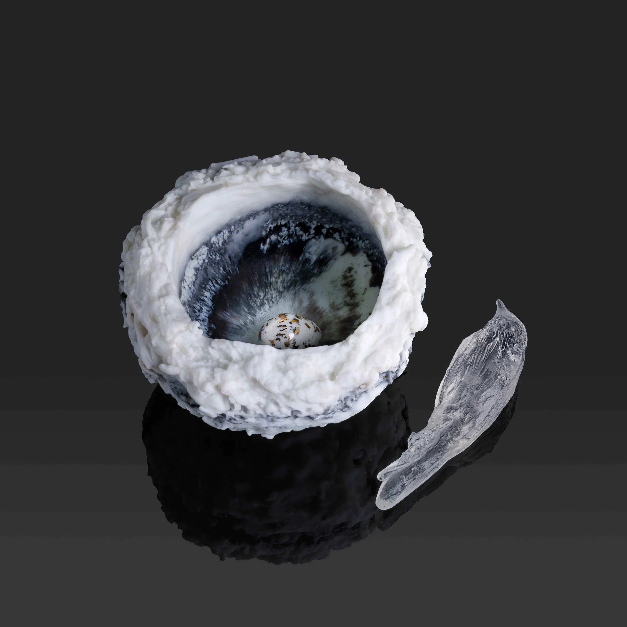 Second Spring, Cast Glass Bird and Nest with Porcelain Egg