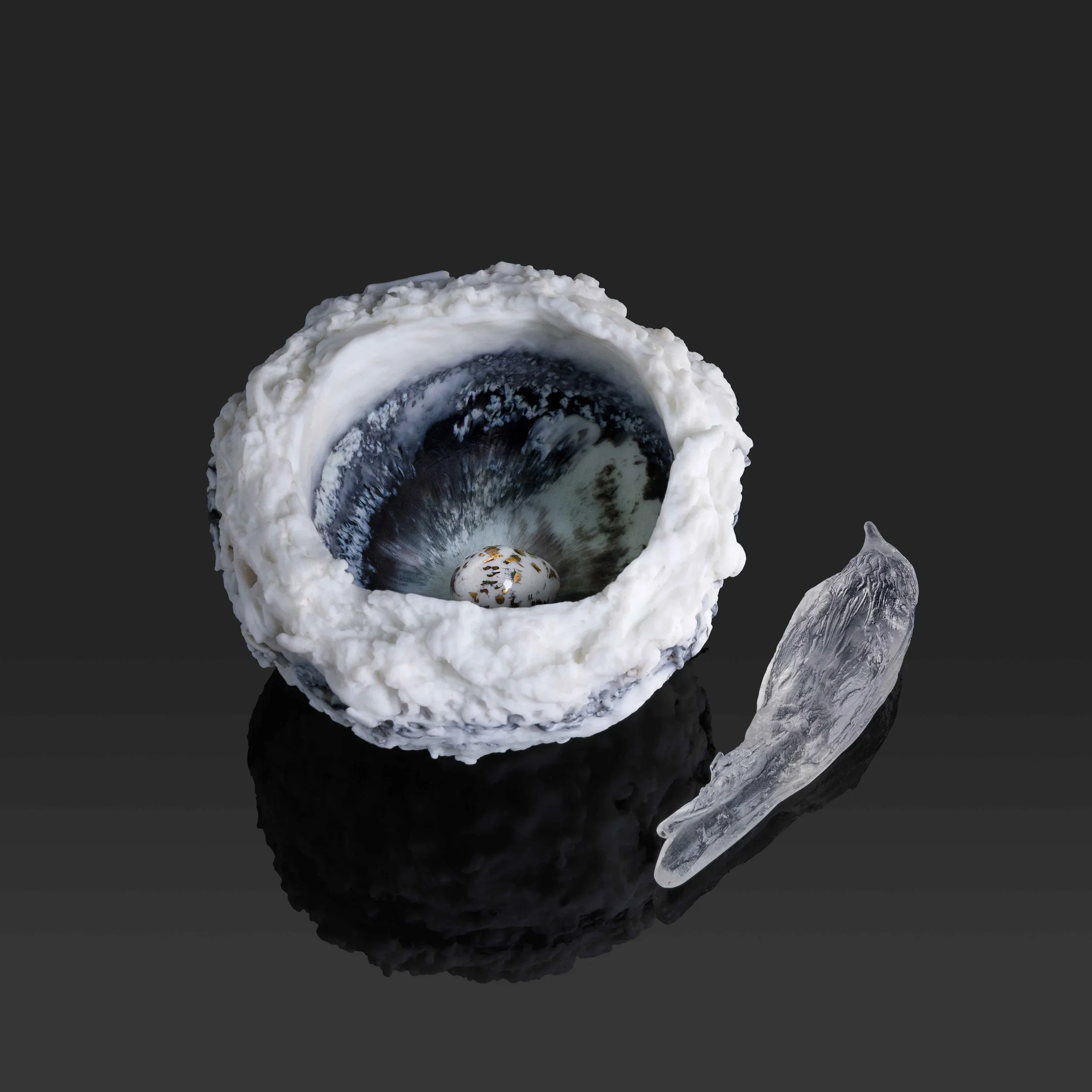 Second Spring, Cast Glass Bird and Nest with Porcelain Egg