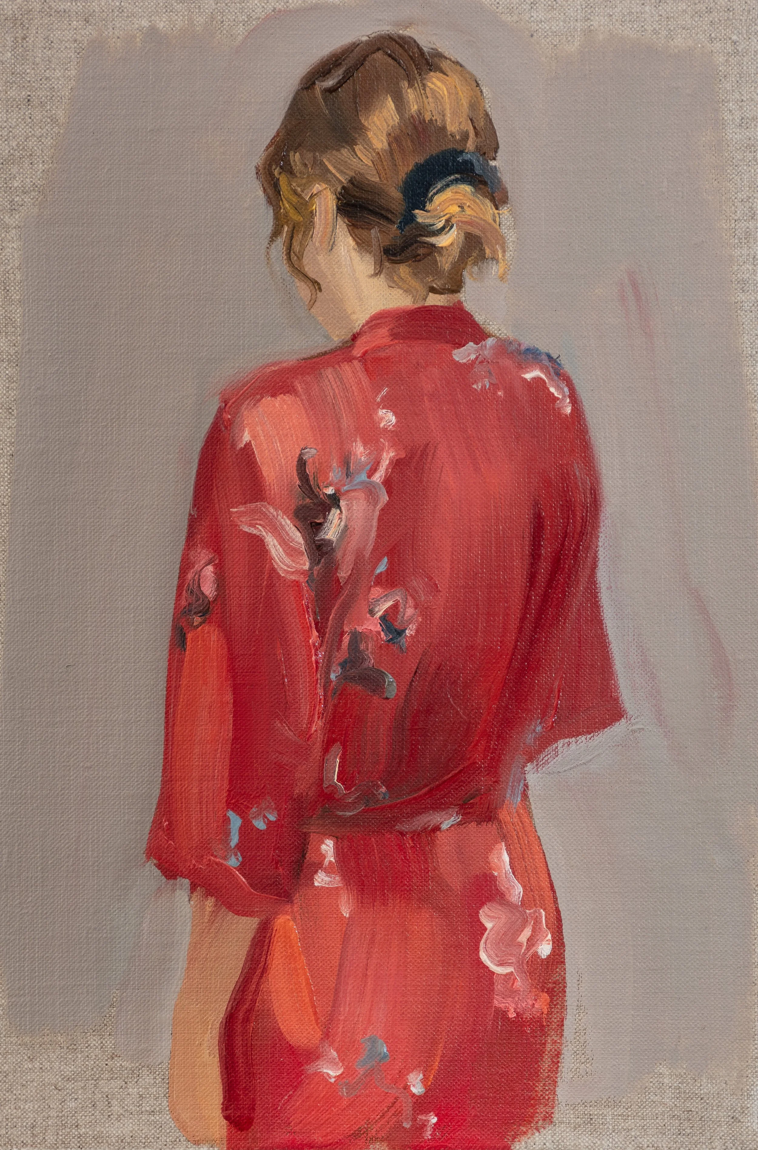 Gideon Rubin, Red Kimono II, 2025, oil on linen, 30 x 20 cm