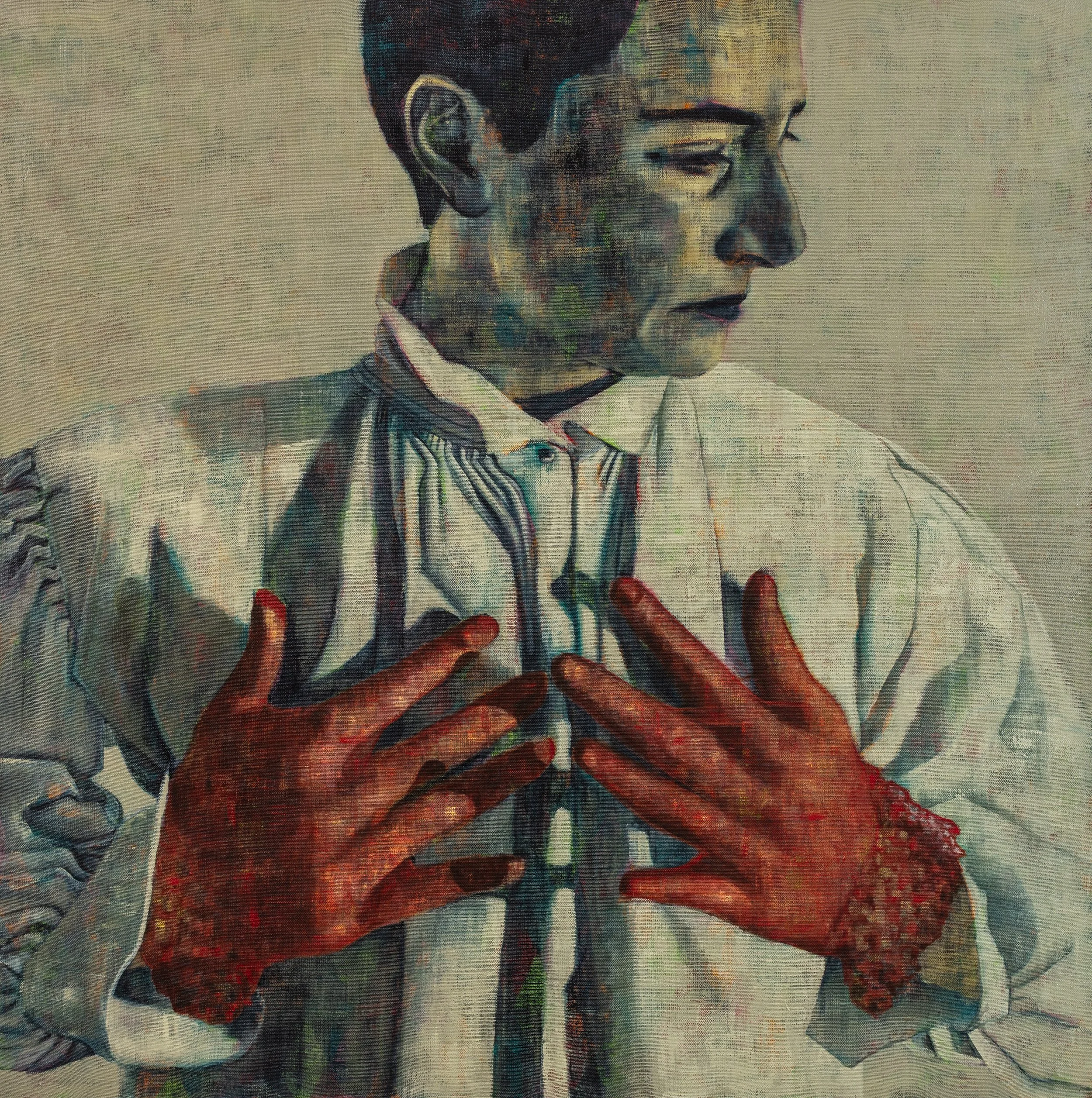 Sara Berman, Red Gloves, 2025, oil on linen, 100 x 100 cm