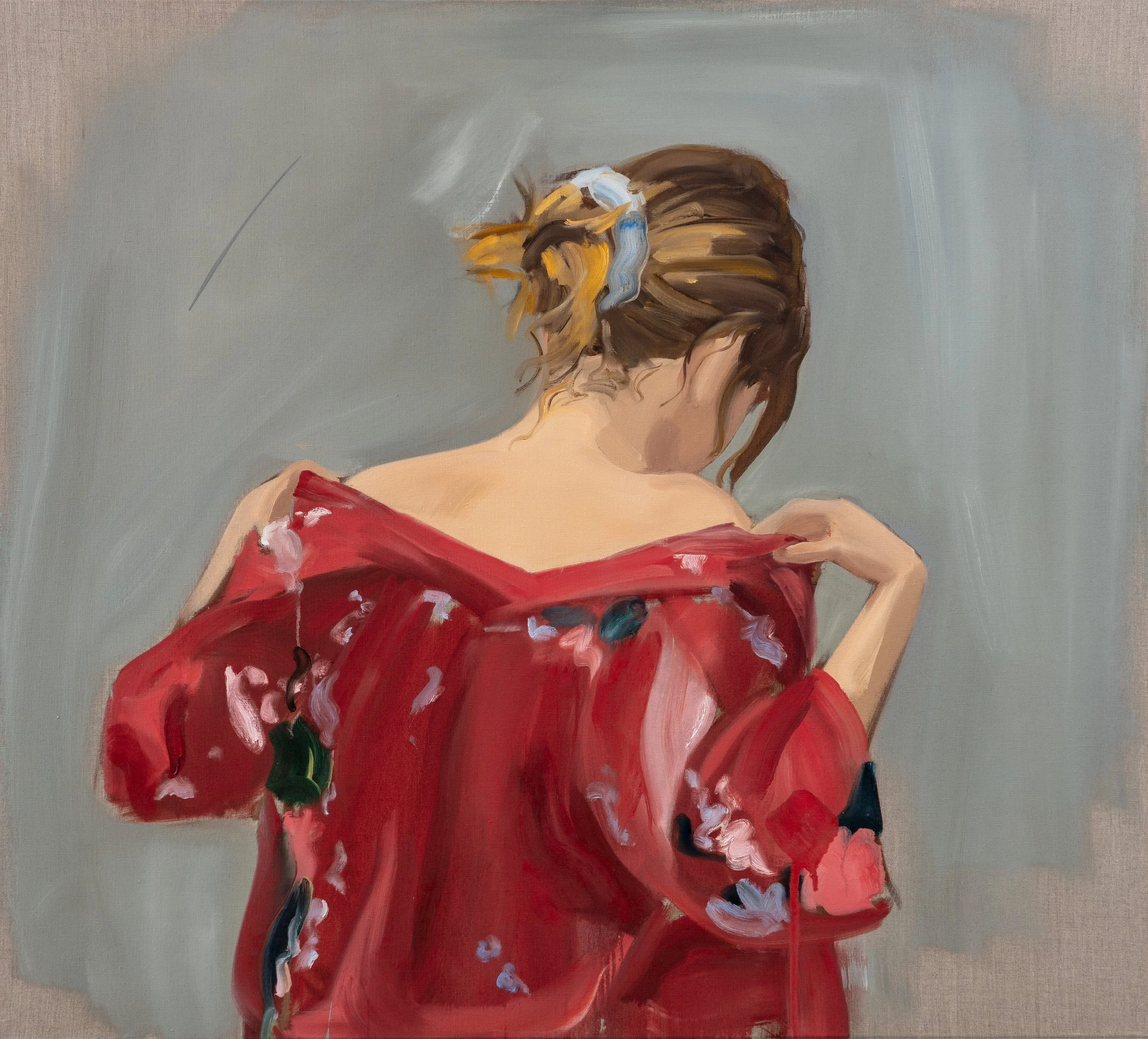 Gideon Rubin, Red Kimono (Undressing), 2025, oil on linen, 90 x 100 cm