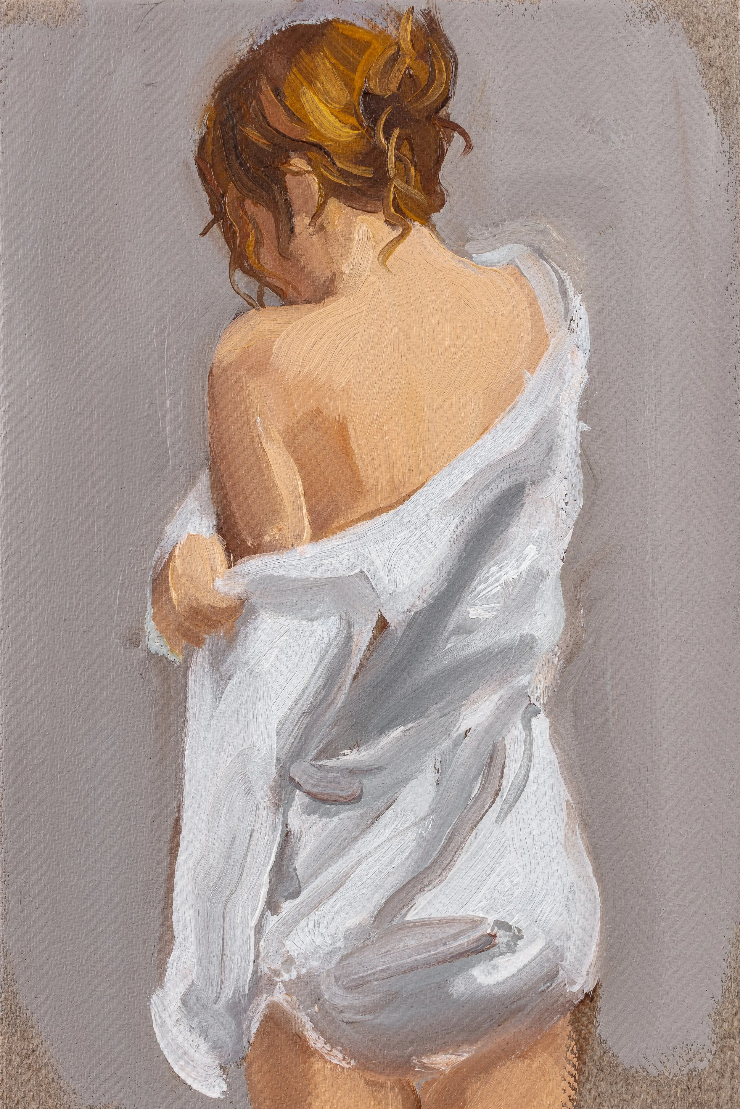 Gideon Rubin, White Shirt, 2026, oil on linen mounted on board, 
30 x 20 cm, 11 3/4 x 7 7/8 inches