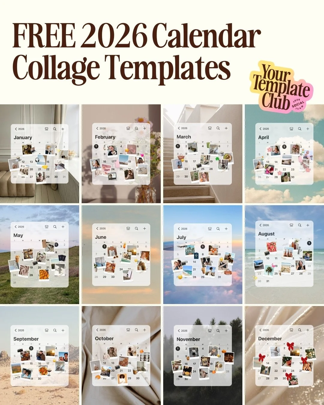 Comment &ldquo;FREE26&rdquo; to grab these ✨FREE✨ 2026 Calendar Collage Canva templates to use all next year!⁠