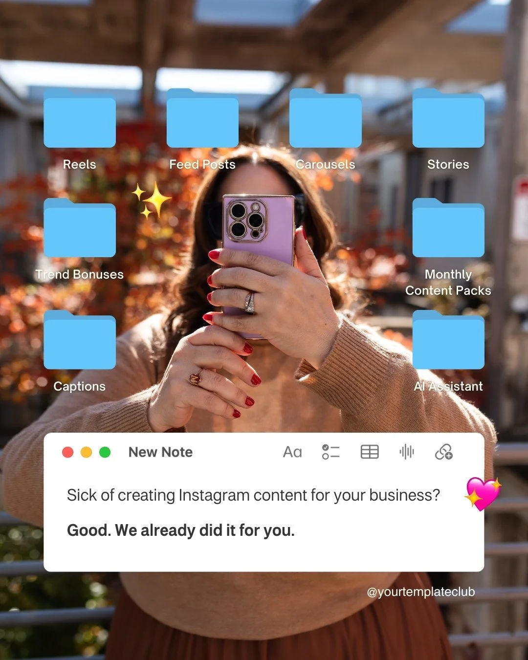 We&rsquo;re not bringing &ldquo;what should we post today?&rdquo; energy into 2026.⁠
⁠
Everything you need for Instagram lives in one place inside of Your Template Club:⁠
⁠
✔️ 3,000+ designs in our Canva template library ⁠
✔️ Monthly content packs yo