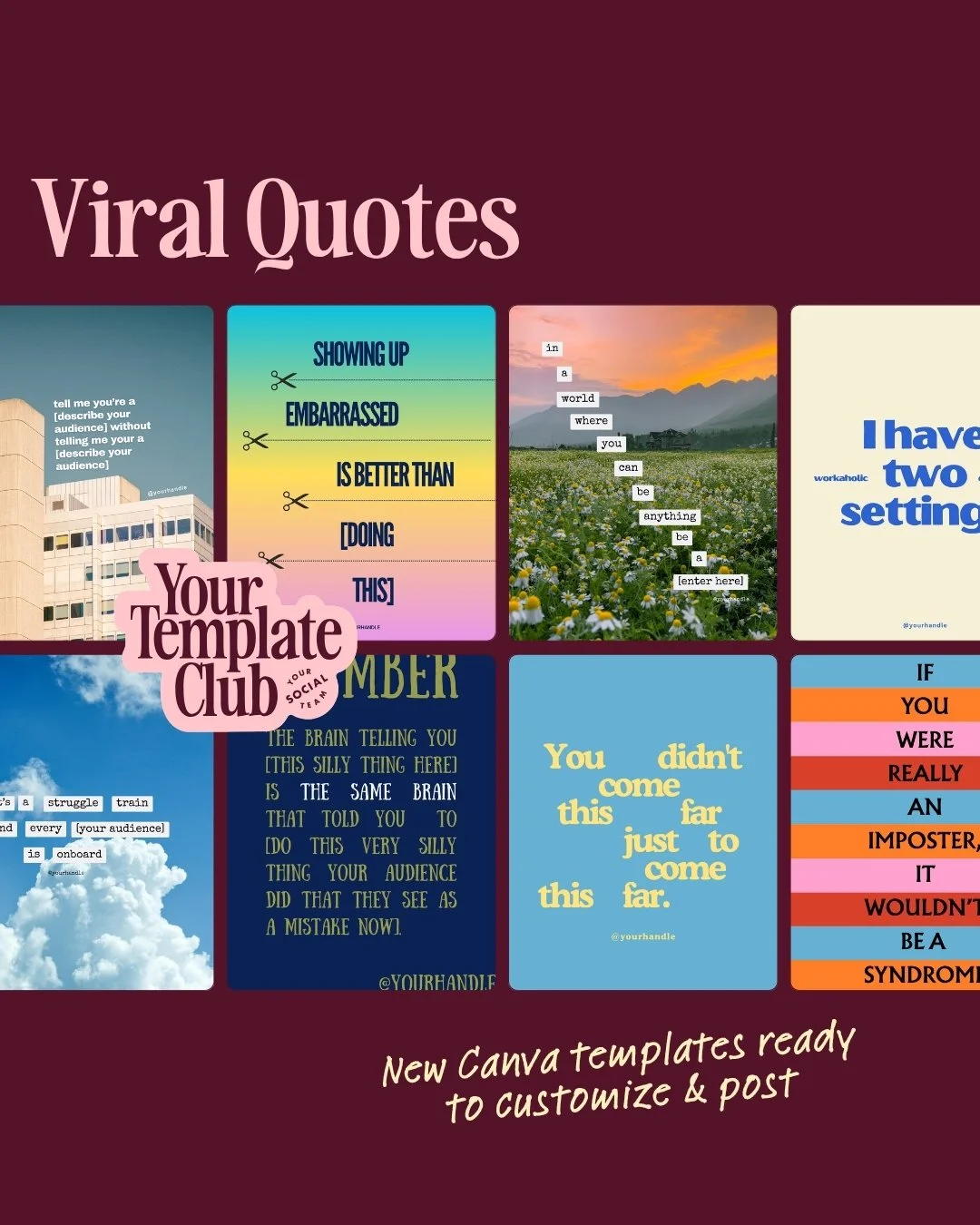 *NEW* template pack dropped! Introducing the &ldquo;Viral Quotes&rdquo; 👏⁠
⁠
A pack of 21 Canva templates for trendy, colorful and aesthetic designs of Instagram feed posts, with strong hooks to help engage your audience. Also use it for Facebook, L