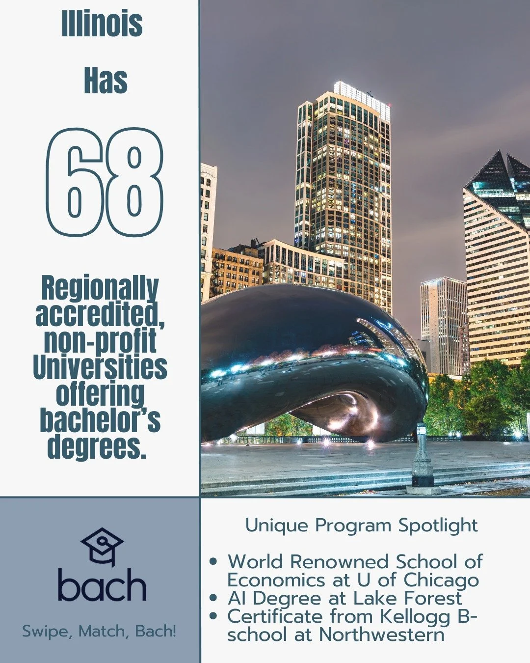 This week our team is exploring the windy city and the state of Illinois. There are 68 accredited universities offering bachelor's degrees in the state. Some of our favorite programs are the many Economics programs at the University of Chicago, the A