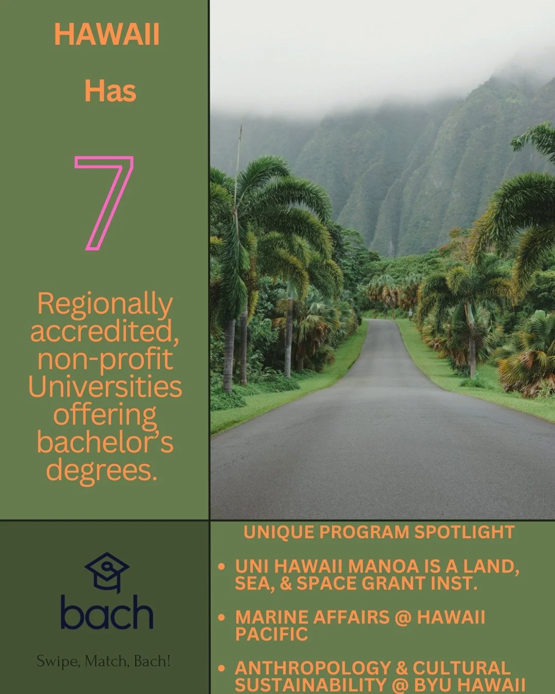 Aloha and Happy New Year from Hawaii! We are researching the 7 accredited Universities in Hawaii and found a variety of undergrad degrees to choose from. Our favorite programs include the fact that @uhmanoanews is a land, sea, &amp; space grant insti