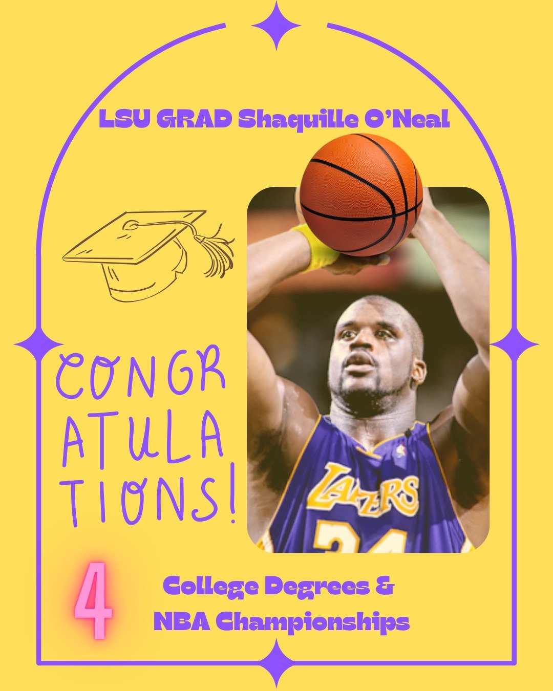Congratulations to 4x NBA Champ and 4x College Degree holder Shaquille O'Neal! He just earned his second master's degree this time from @lsu he must really like purple and yellow... He really is the epitome of a life-long learner! 

Congrats to all t