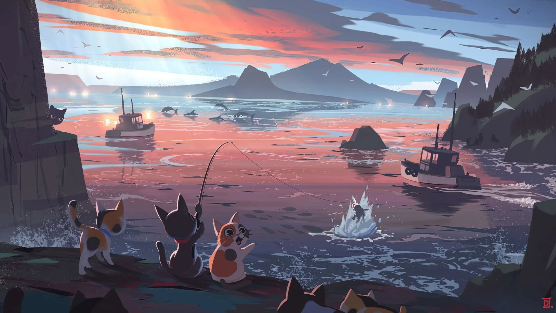 Fishing Cats at Sunset