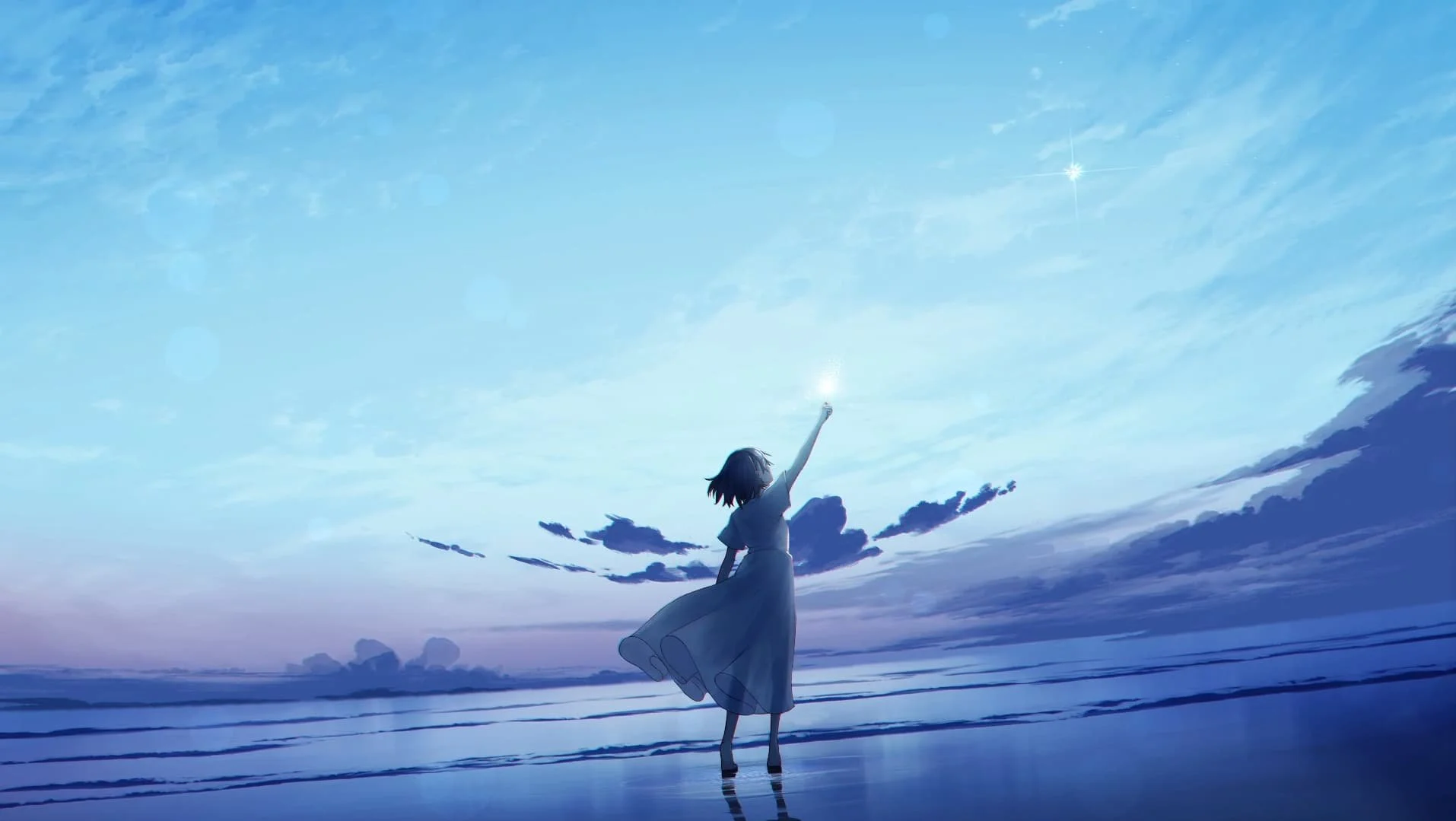 An anime-style girl standing at the beach during sunset, reaching out towards the sky with one hand, in a serene and dreamy atmosphere.