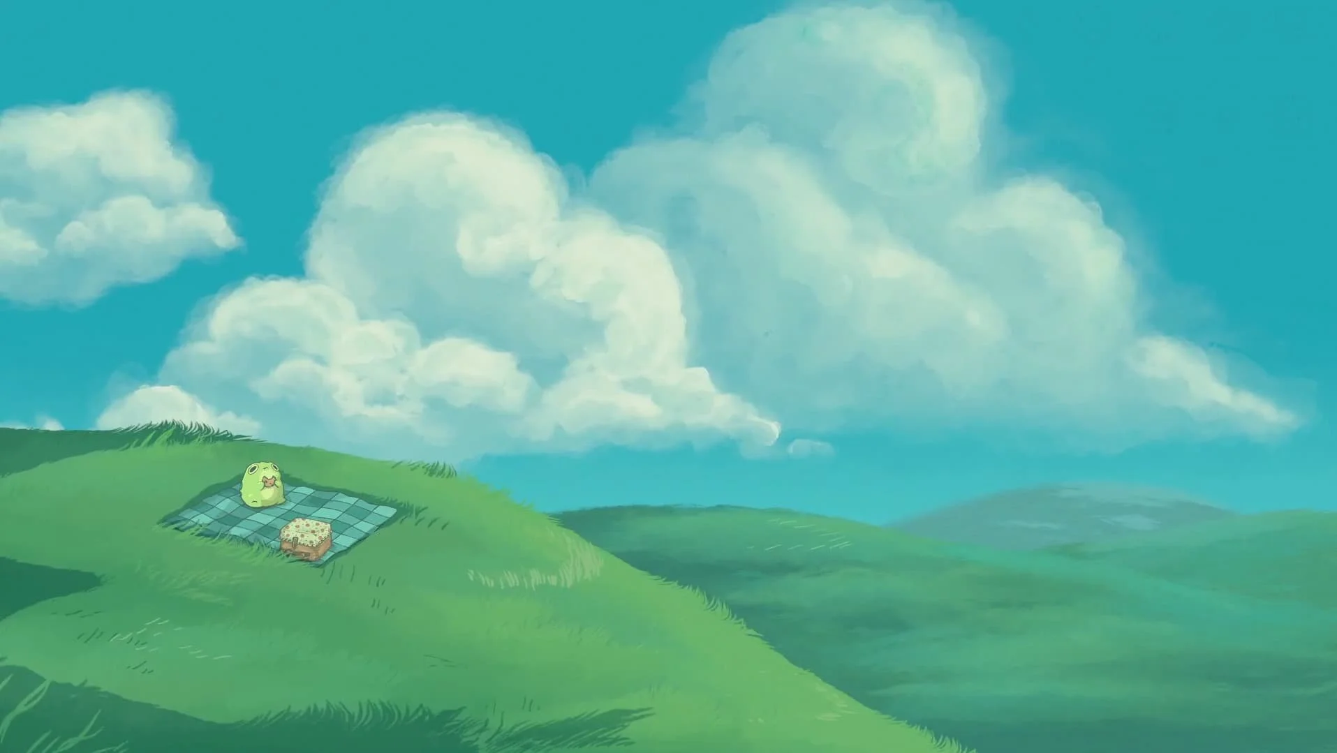 A cartoon landscape with green hills under a blue sky with fluffy clouds. In the foreground, a yellow creature with glasses is sitting on a checkered blanket beside a cake.