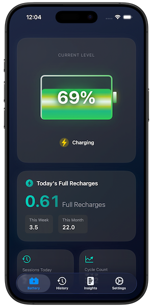 Battery Health Pro app showing battery percentage, charging status, and today's full recharge count