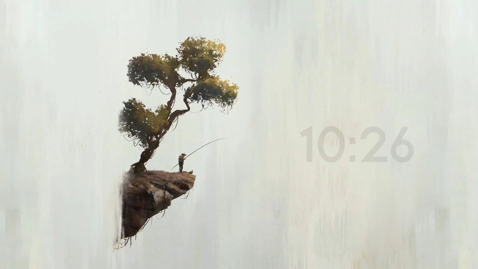 Digital artwork of a floating island with a tree and a man fishing, and a clock displaying 10:26 in the background.