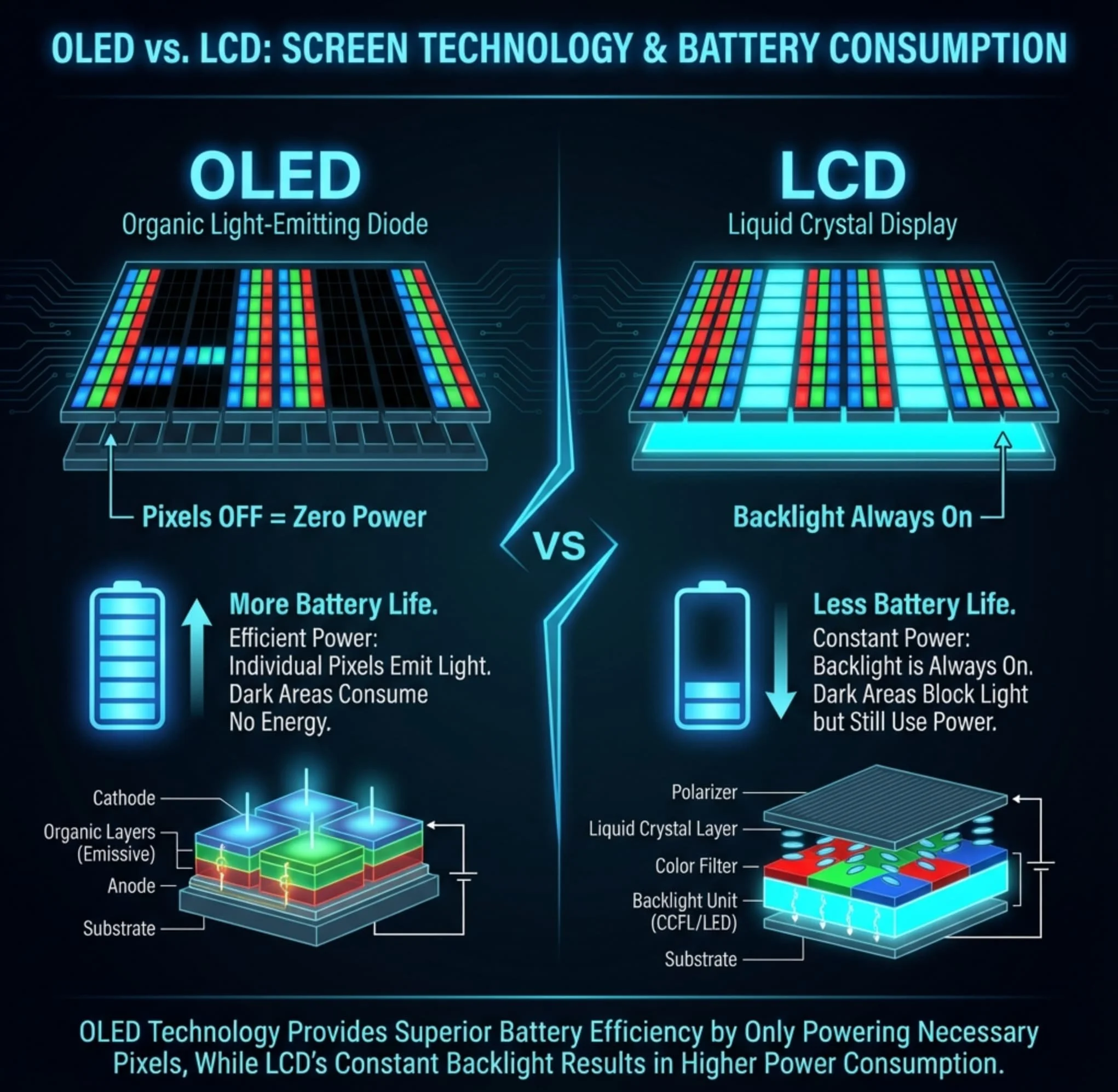 Comparison diagram showing OLED pixels turning off for black colors versus LCD backlight staying on constantly
