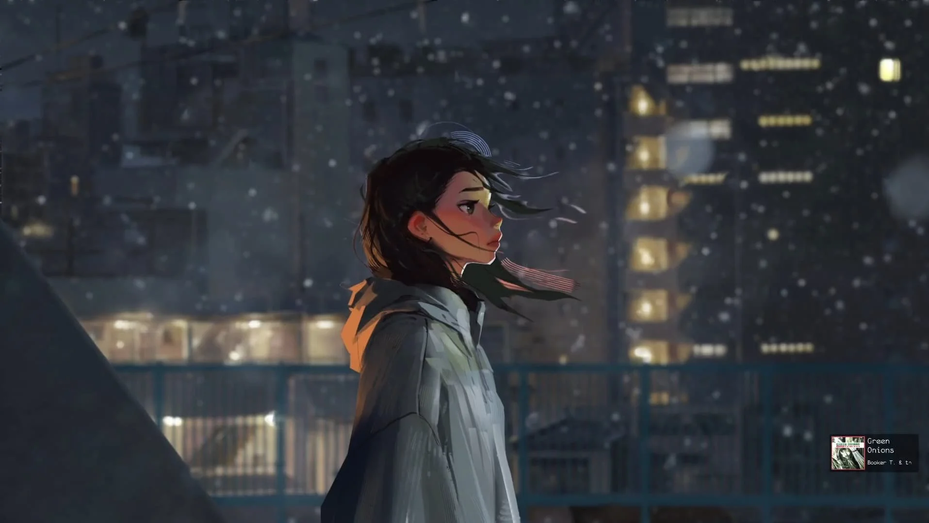 Anime-style illustration of a young woman with black hair, standing on a rainy city rooftop at night, wearing a gray hoodie with city buildings illuminated in the background.