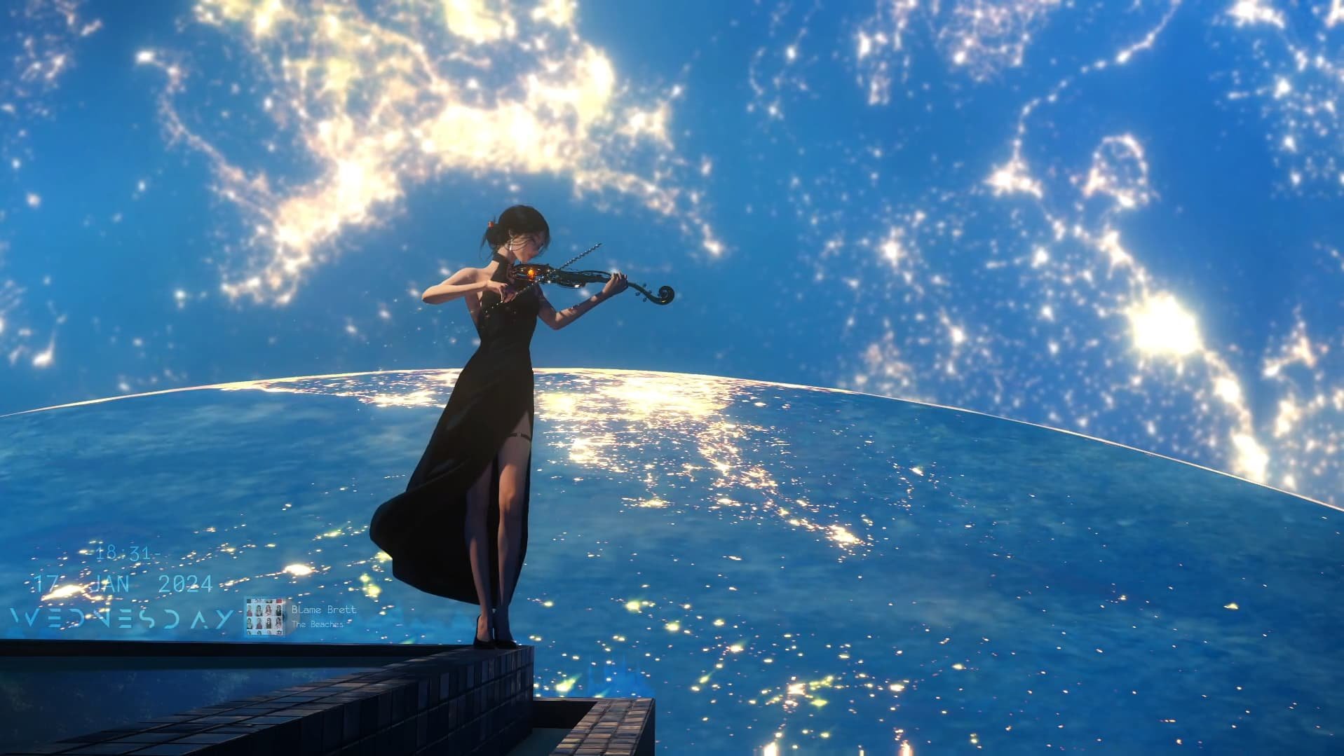 Woman in a black dress playing a violin in front of a digital backdrop of a starry sky and Earth