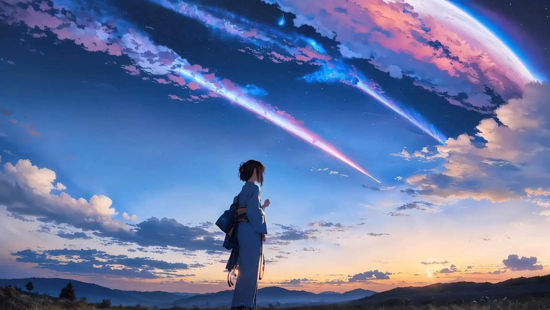 A person in a traditional Japanese kimono standing in a field at sunset, overlooking mountains, with a sky filled with clouds and colorful shooting stars or meteors.