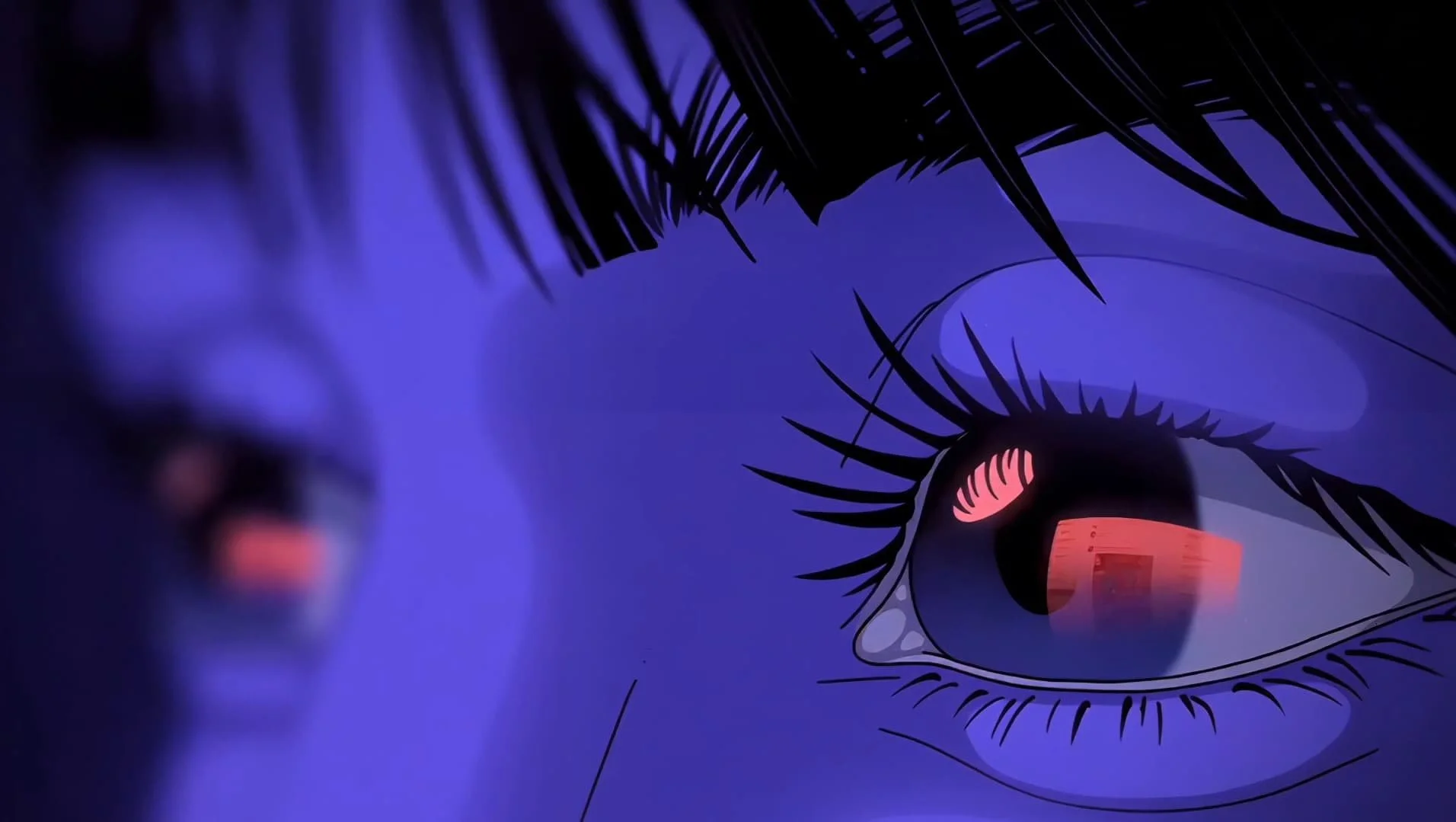 Close-up of a stylized, animated eye with long lashes, reflecting a red and orange building in its pupil, surrounded by dark shadows with a blue tone.