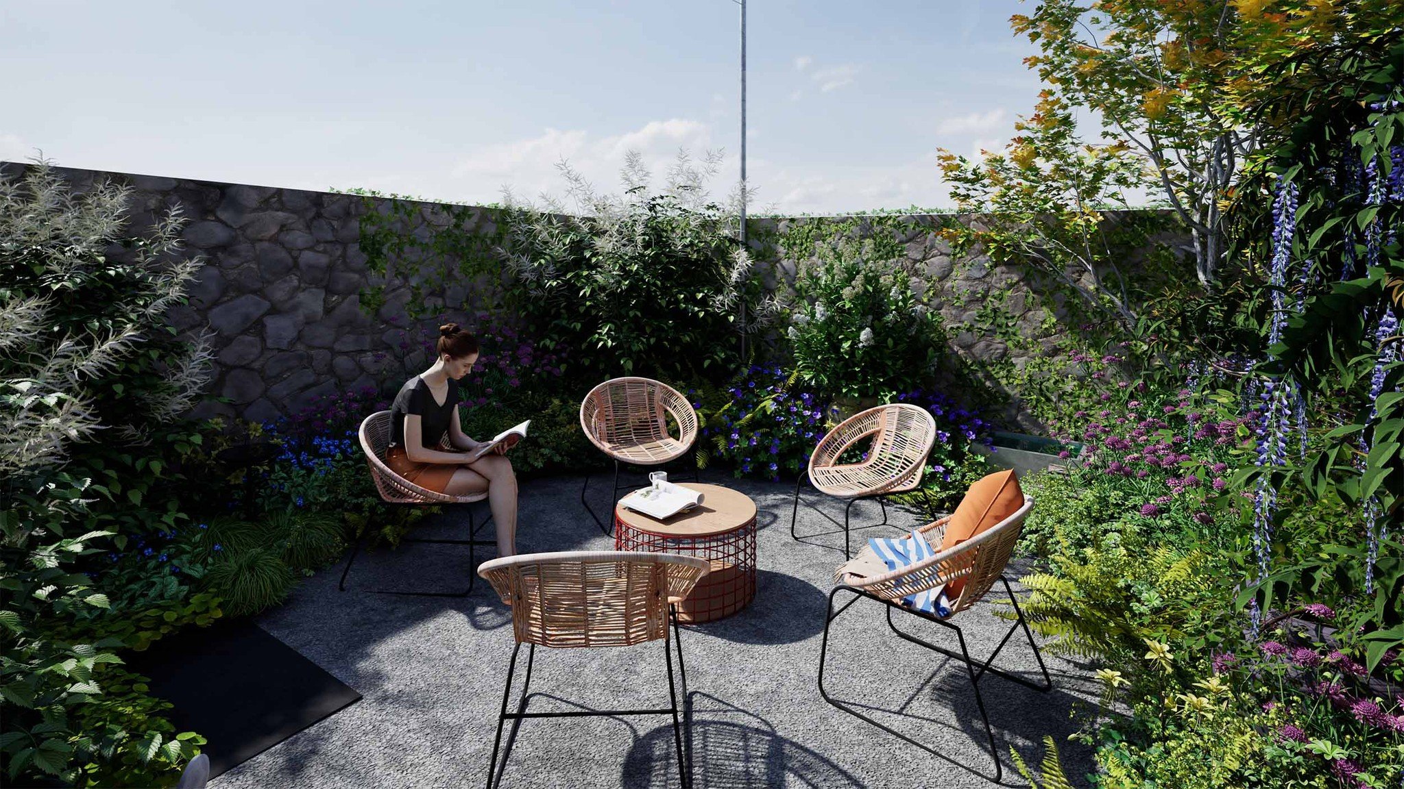 The heart of a small garden often lies in its seating space, where geometry and comfort must align. This perspective of the Small Sanctuary Garden showcases the circular seating area designed for maximum flexibility.

The circular form optimises the 