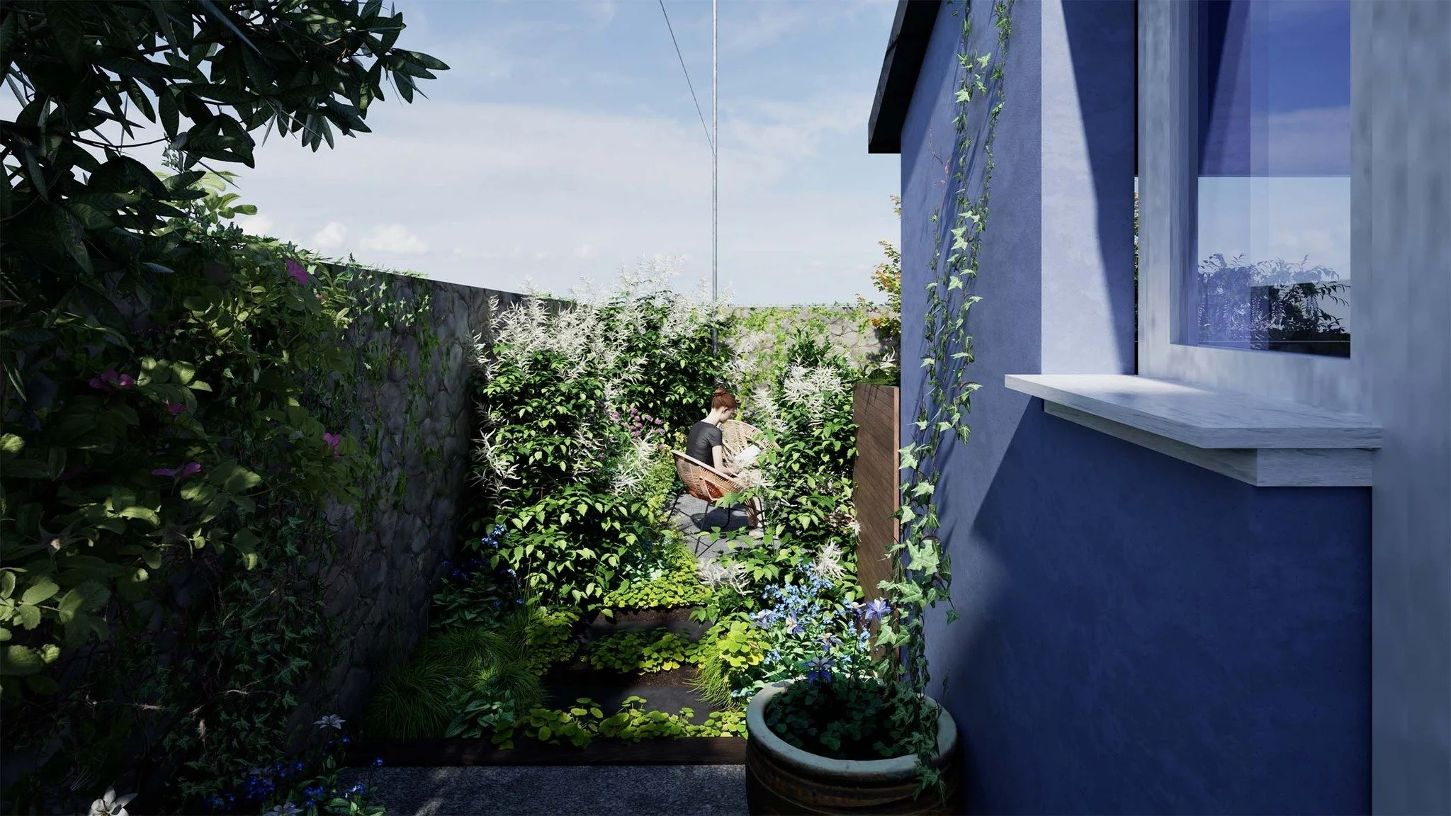 For a garden to function as a true sanctuary, the view from within the home is often as significant as the experience of being outdoors.  These 3D visualisations showcase the Small Sanctuary Garden as seen from the back door and various windows of th