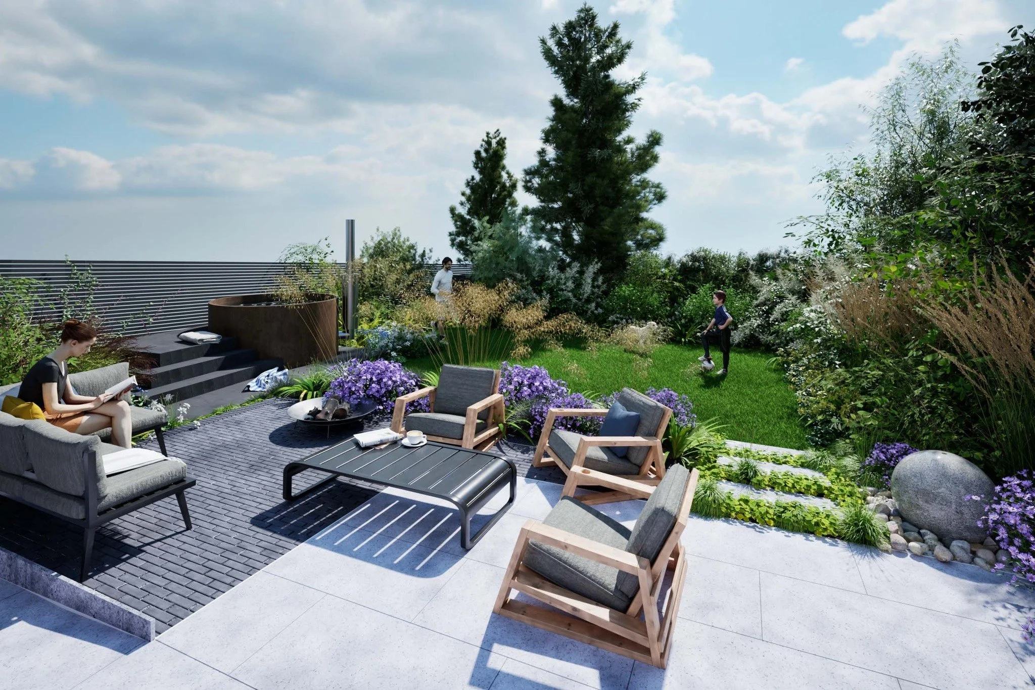 The design for this south-facing property in Bude focused on subtly capturing the relaxing essence of the Cornish coast in the absence of a direct sea view.  This involved incorporating sensory features including the sound of moving water and the rus