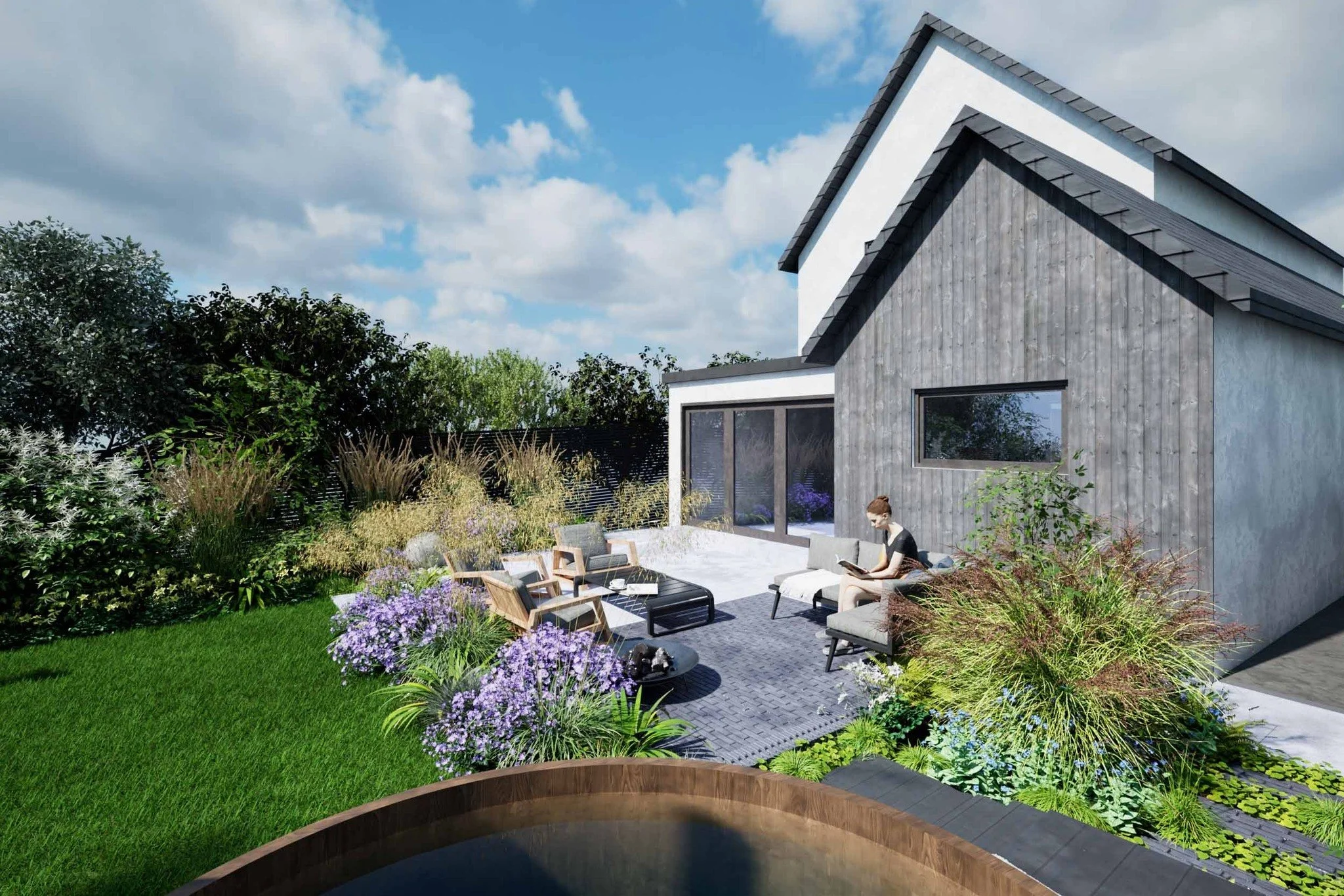 The sympathetic integration of existing features is a key challenge in garden design.  For this project, the brief required the retention of an existing recreational lawn area, hot tub with deck, and paving.  The 3D visualisations demonstrate how the