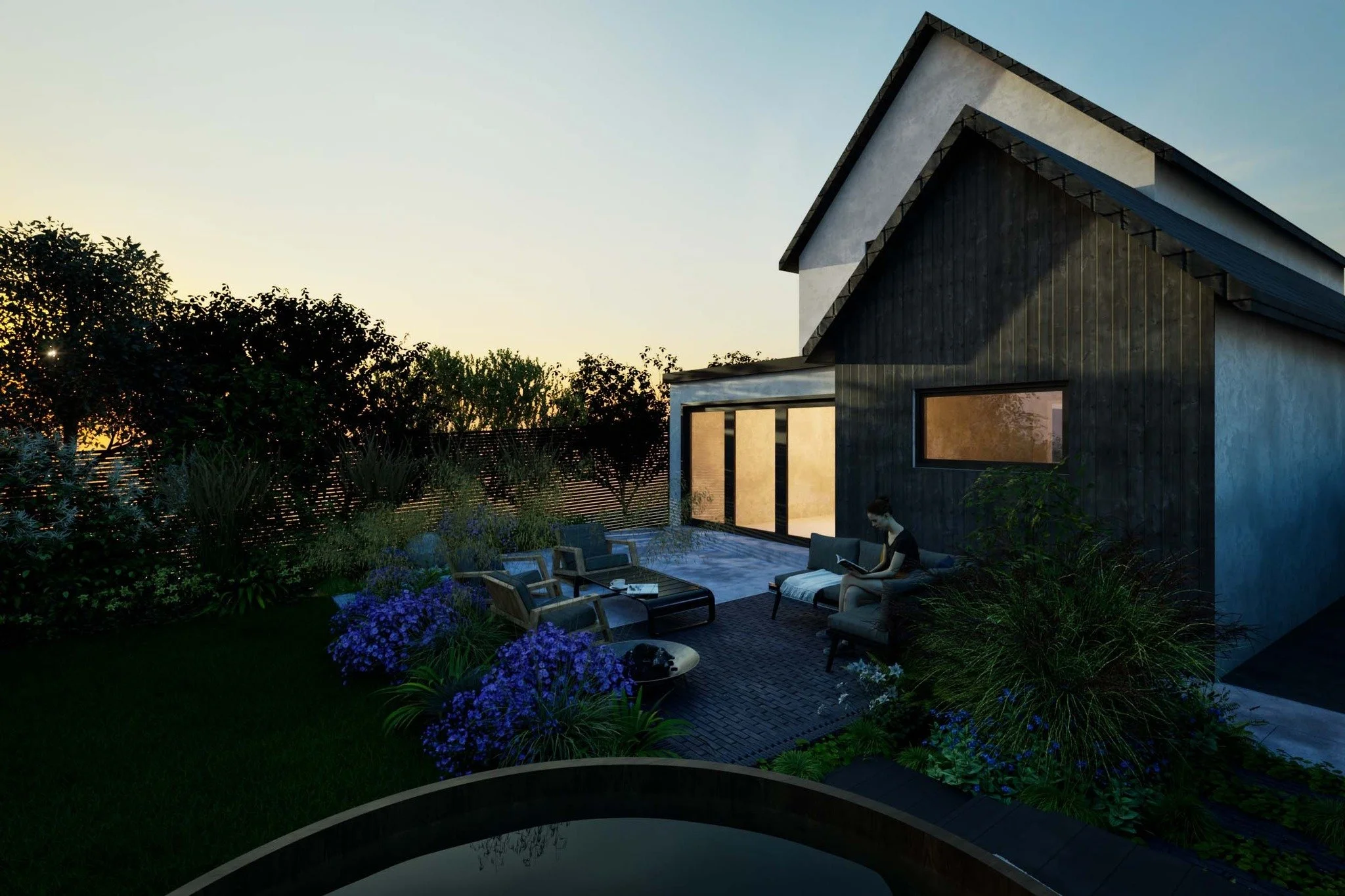 These evening visualisations give an indication of how the garden will transform as the sun sets. The soft glow from the property&rsquo;s windows and patio doors enhances the sense of the space as a restful haven, and the silhouetted foliage takes on