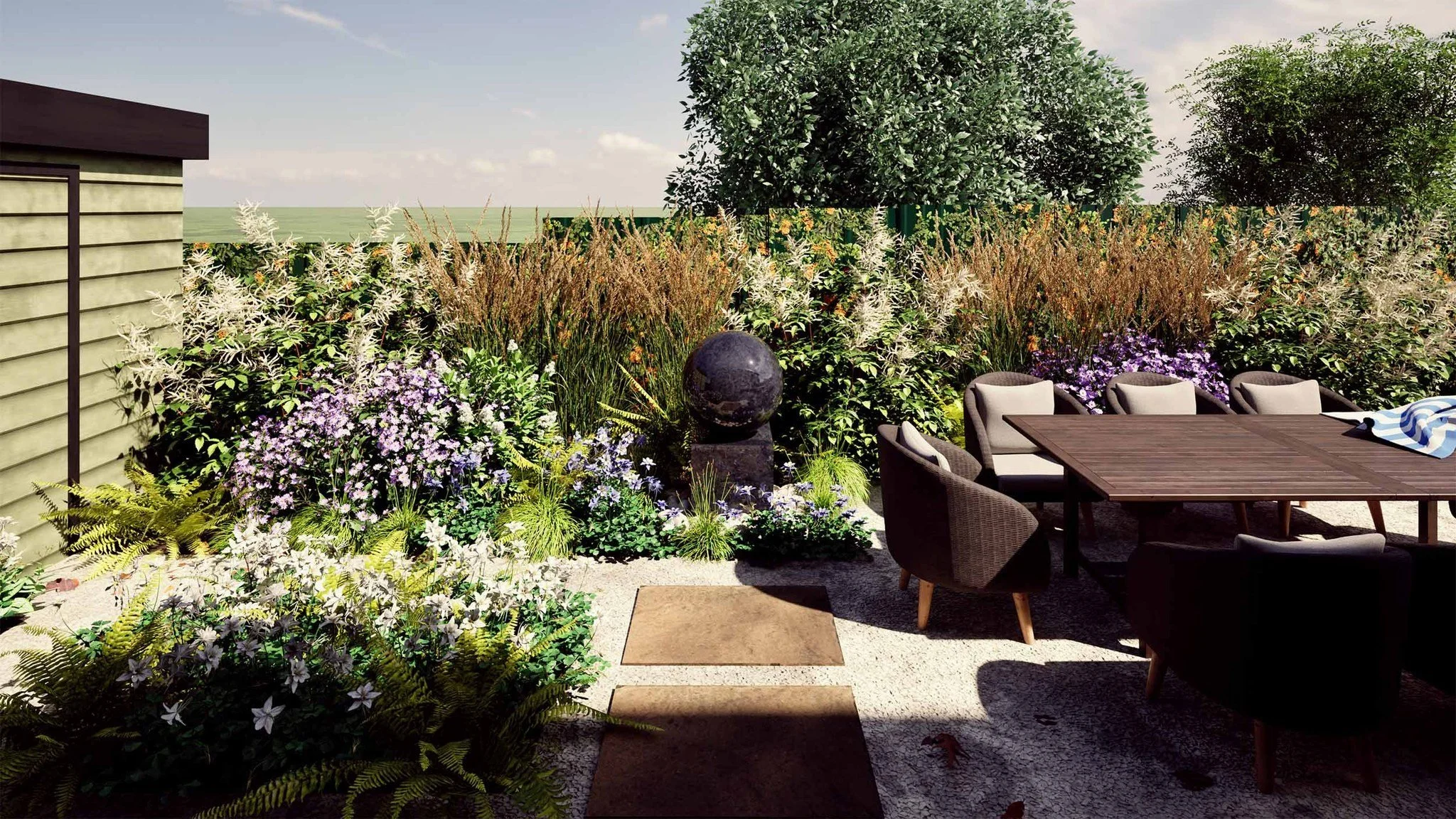 Designing for the compact area which the Eco Build Garden site presented, required &lsquo;spatial engineering&rsquo; to enable the garden to function as required without the space feeling crowded. For this project, the brief involved integrating seve