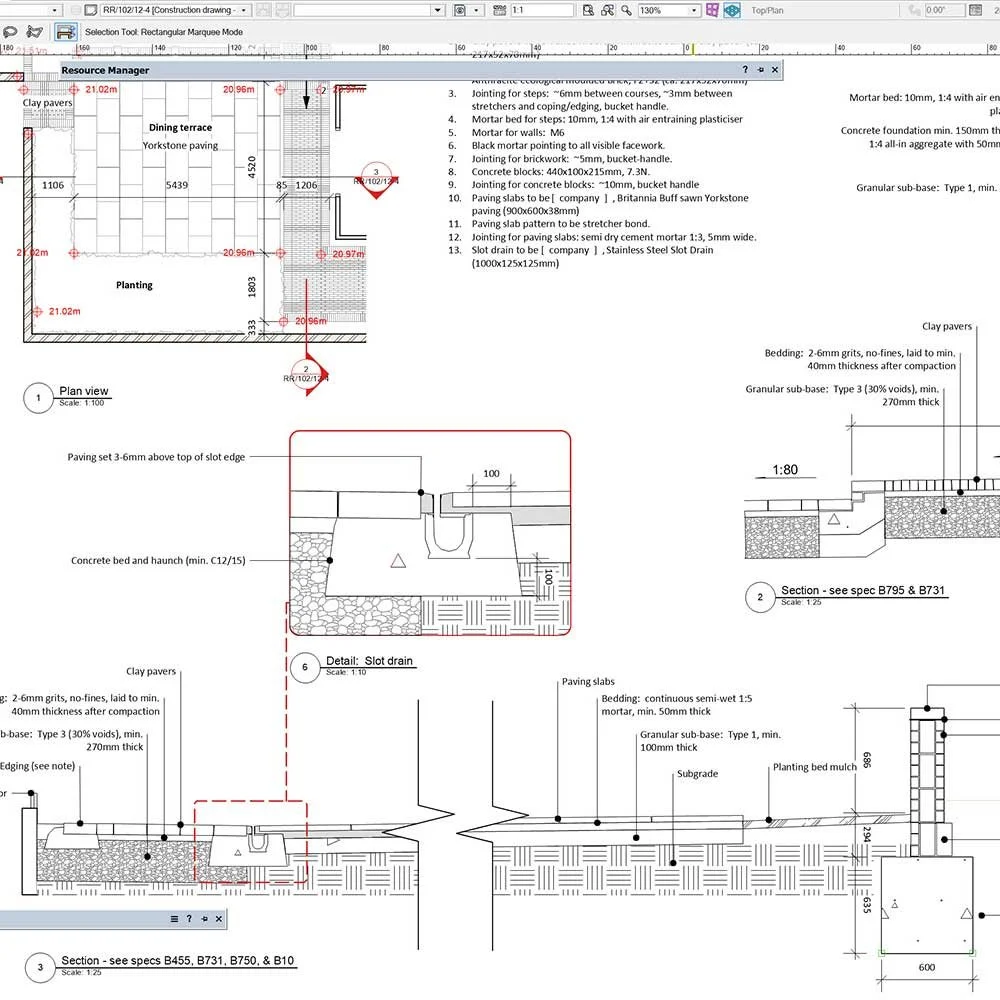 A construction drawing for a garden in Devon created using CAD.