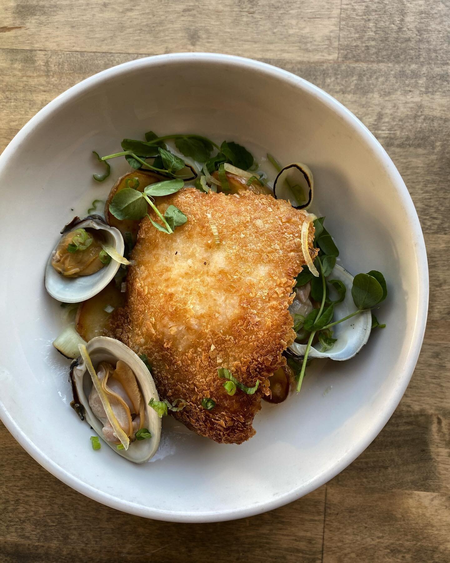 Sometimes you just need the classics.  Potato-crusted cod with littlenecks and their broth, perfect little confit potatoes, &amp; charred leeks.  We&rsquo;re back on Thursday, see you then.