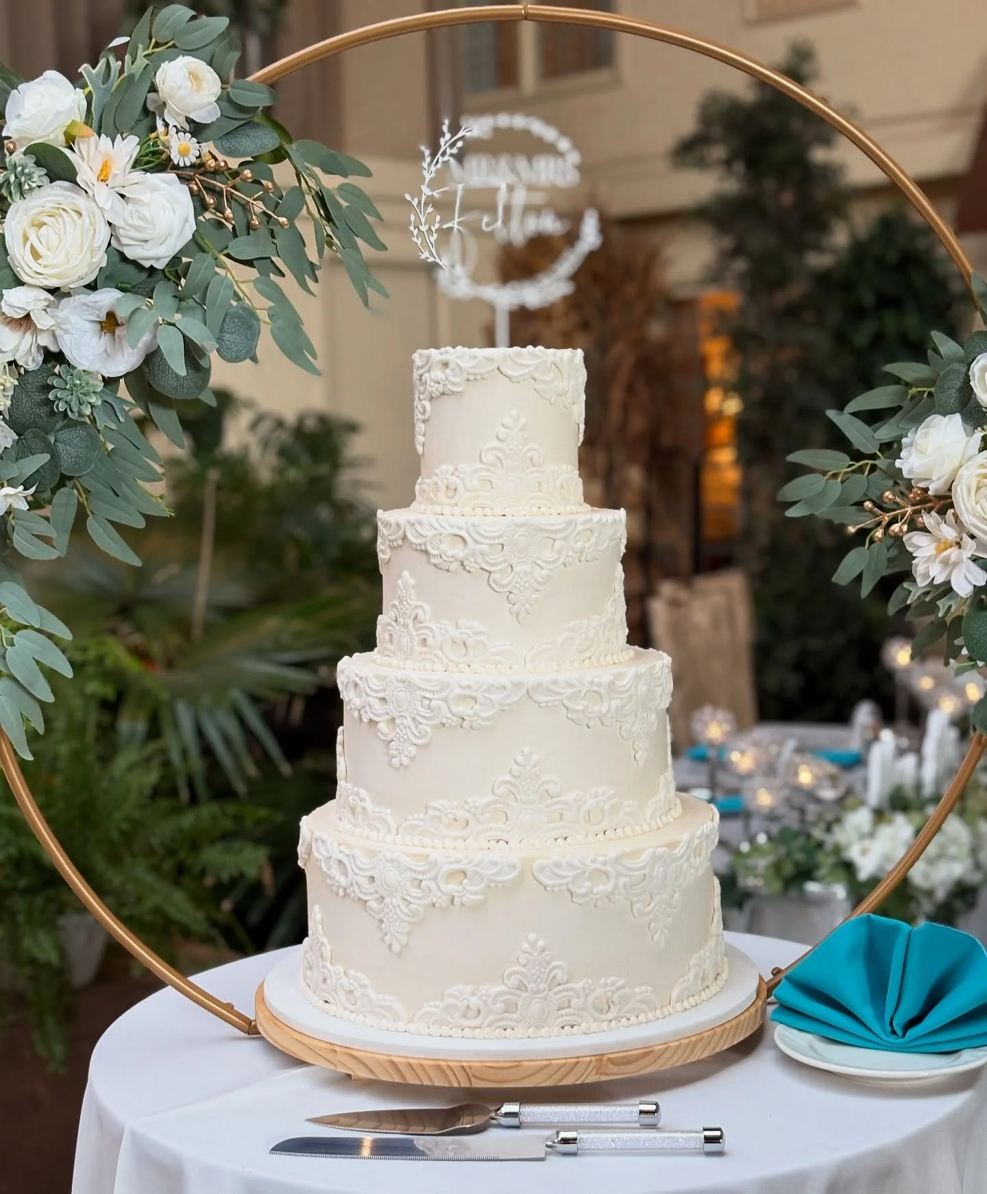Elegant lace and buttercream cake @edenresort #bellamanse#lancasterpaweddings #cakesnearme