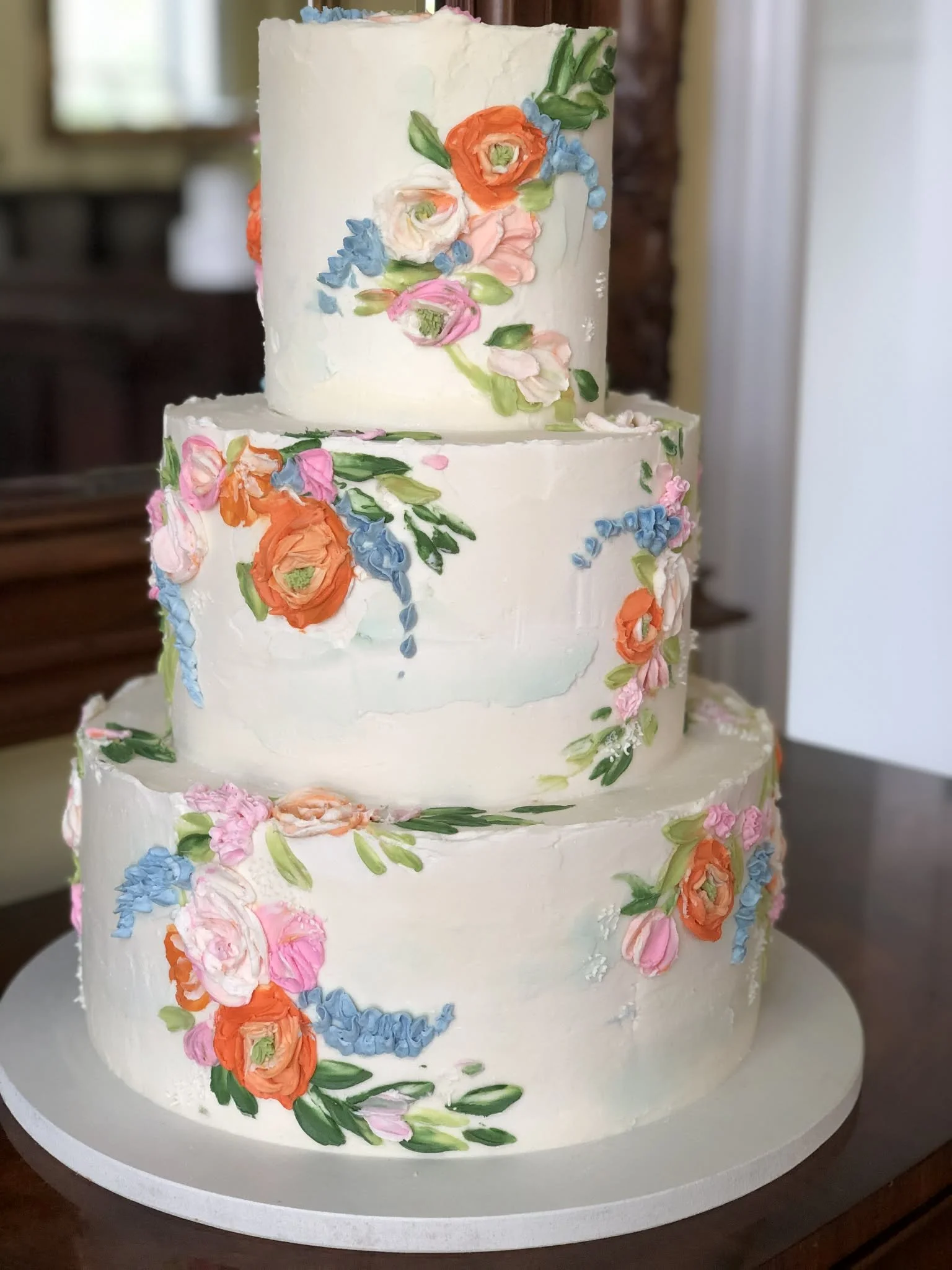 Coral and blues, palette knife cake
