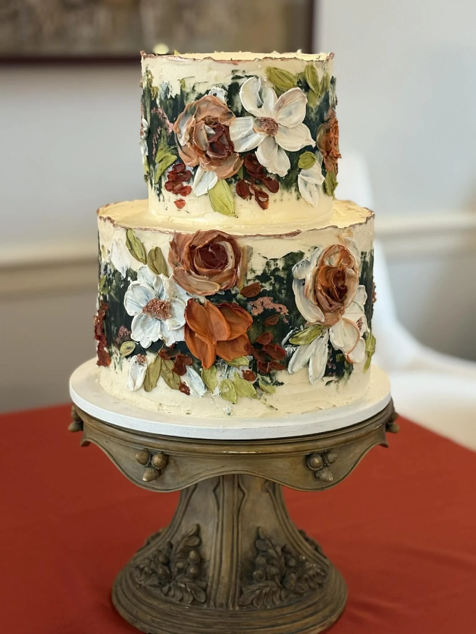 Fall colors on dark green
