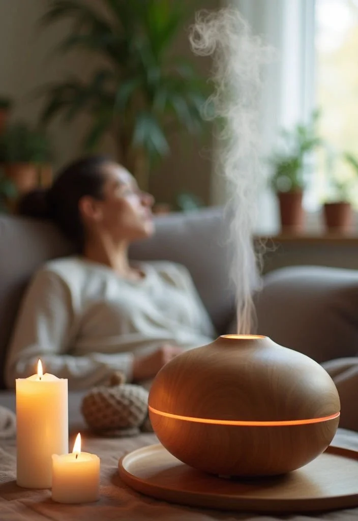 A woman relaxing on a sofa with her eyes closed in a cozy living room, with a wooden diffuser releasing mist, surrounded by lit candles and houseplants in the background.