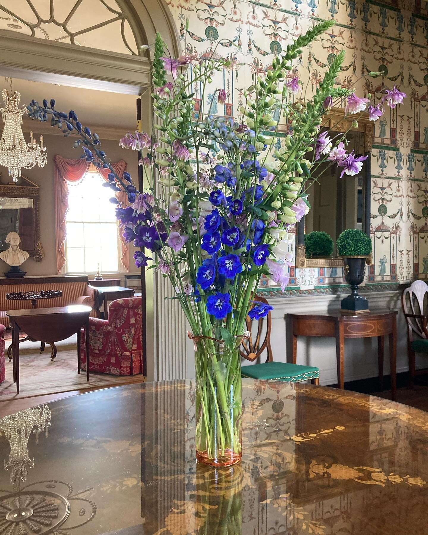 This week's bouquet for Strawberry Hill's guests is filled with foxglove, columbine, and delphinium from #thegardenatstrawberryhill.